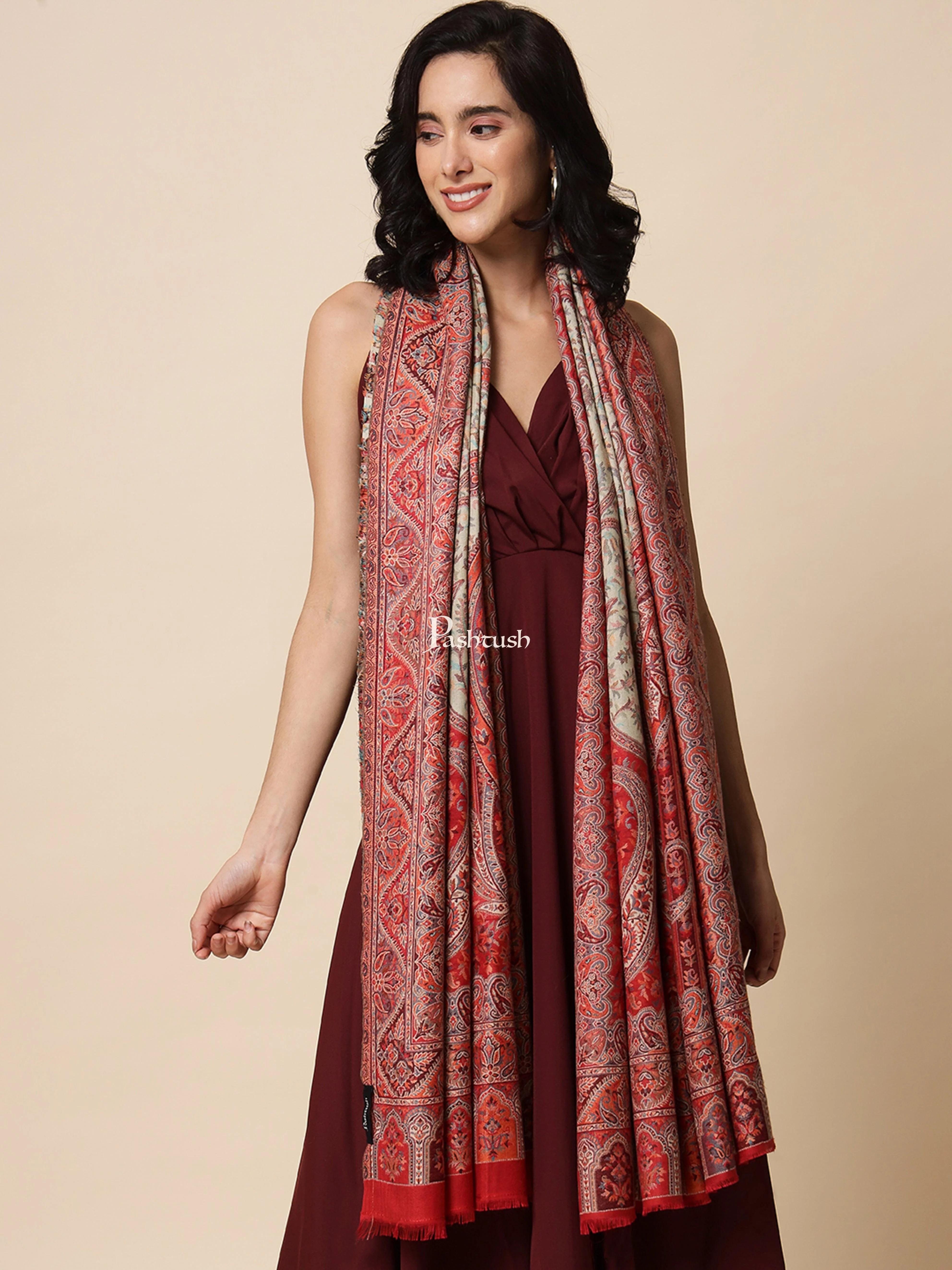 Pashtush Womens Antique Look Jamawar Shawl, Faux Pashmina, Beige and Deep Vermillon