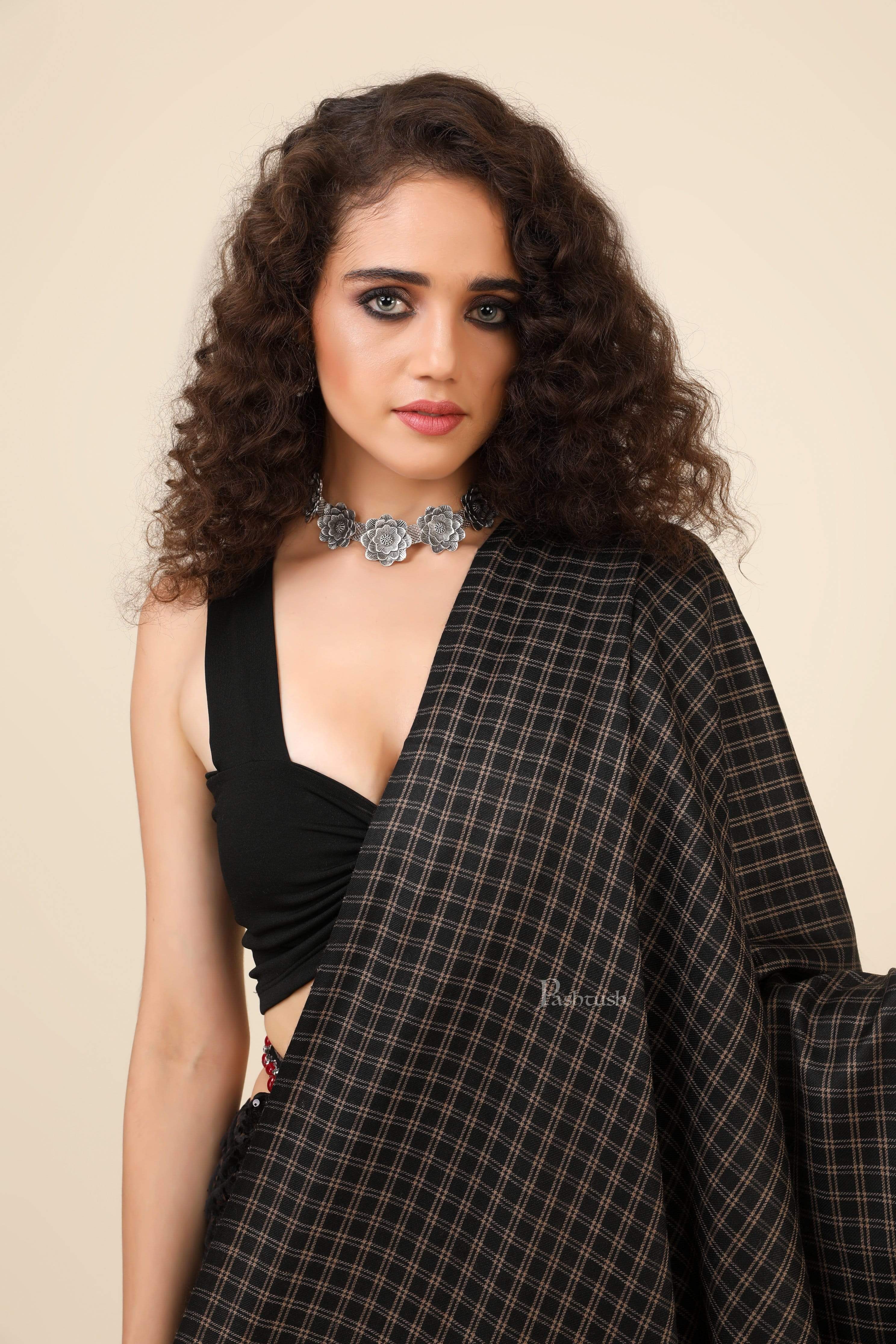 Pashtush Womens Aztec Weave Shawl From Himachal, Black - Image 3
