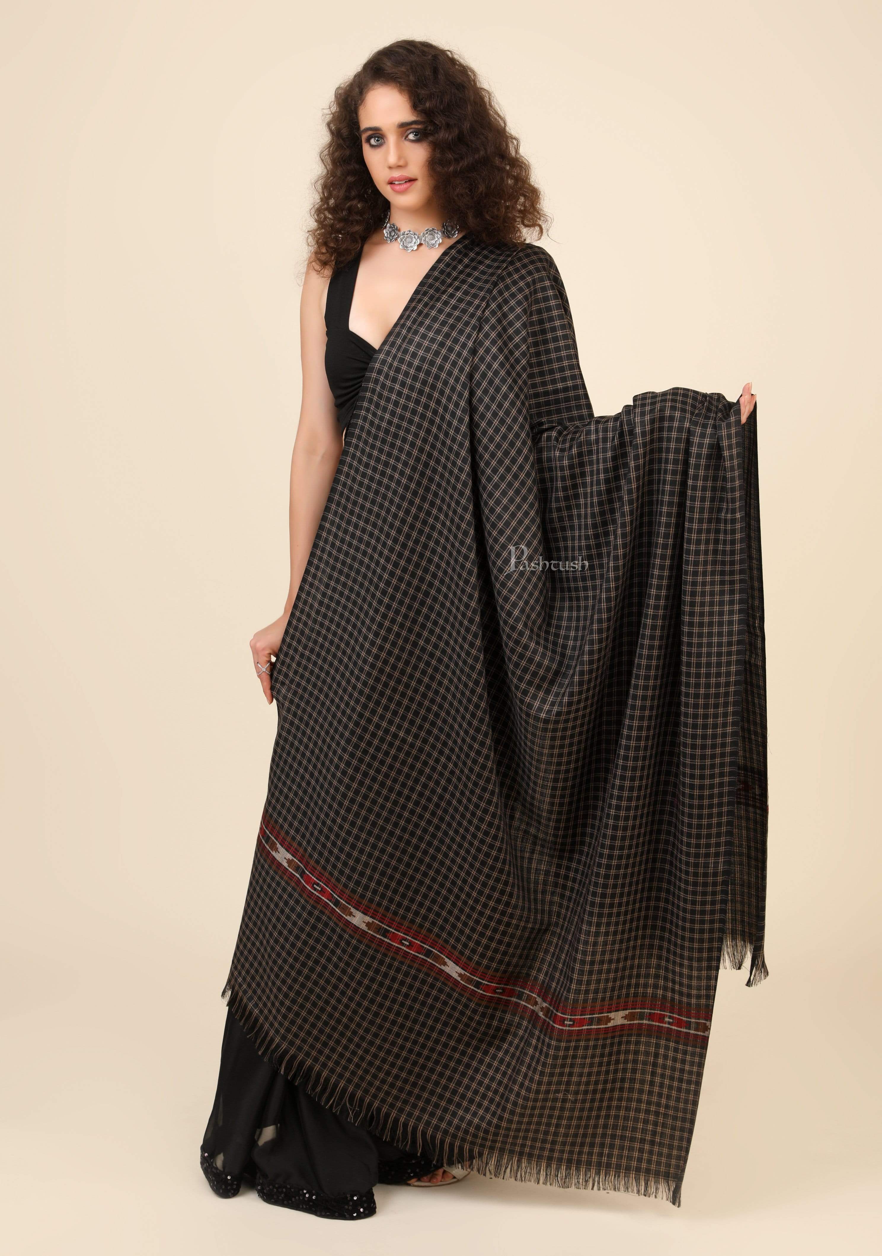 Pashtush Womens Aztec Weave Shawl From Himachal, Black - Image 4