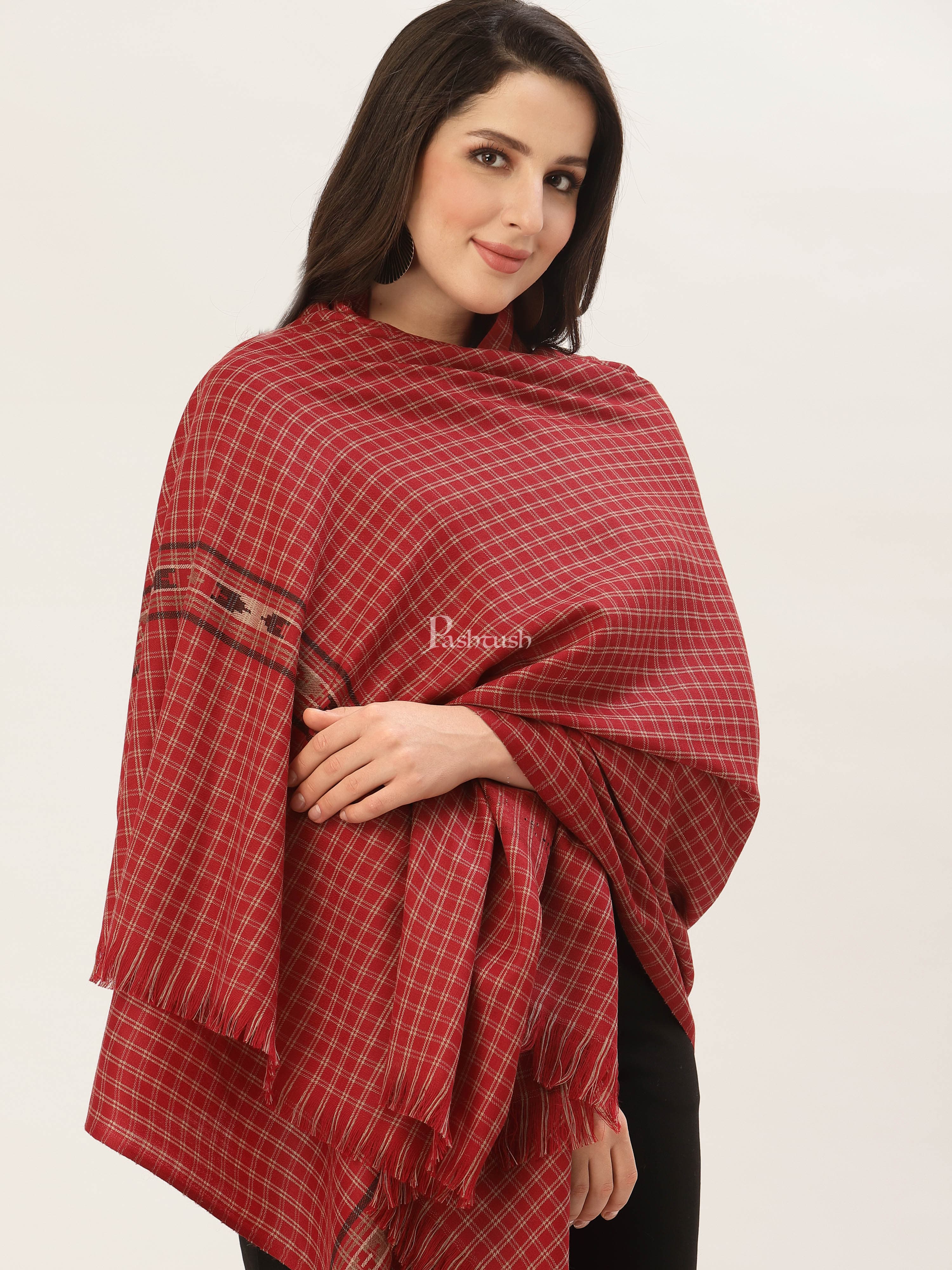 Pashtush Womens Aztec Weave Shawl From Himachal, Red - Image 5