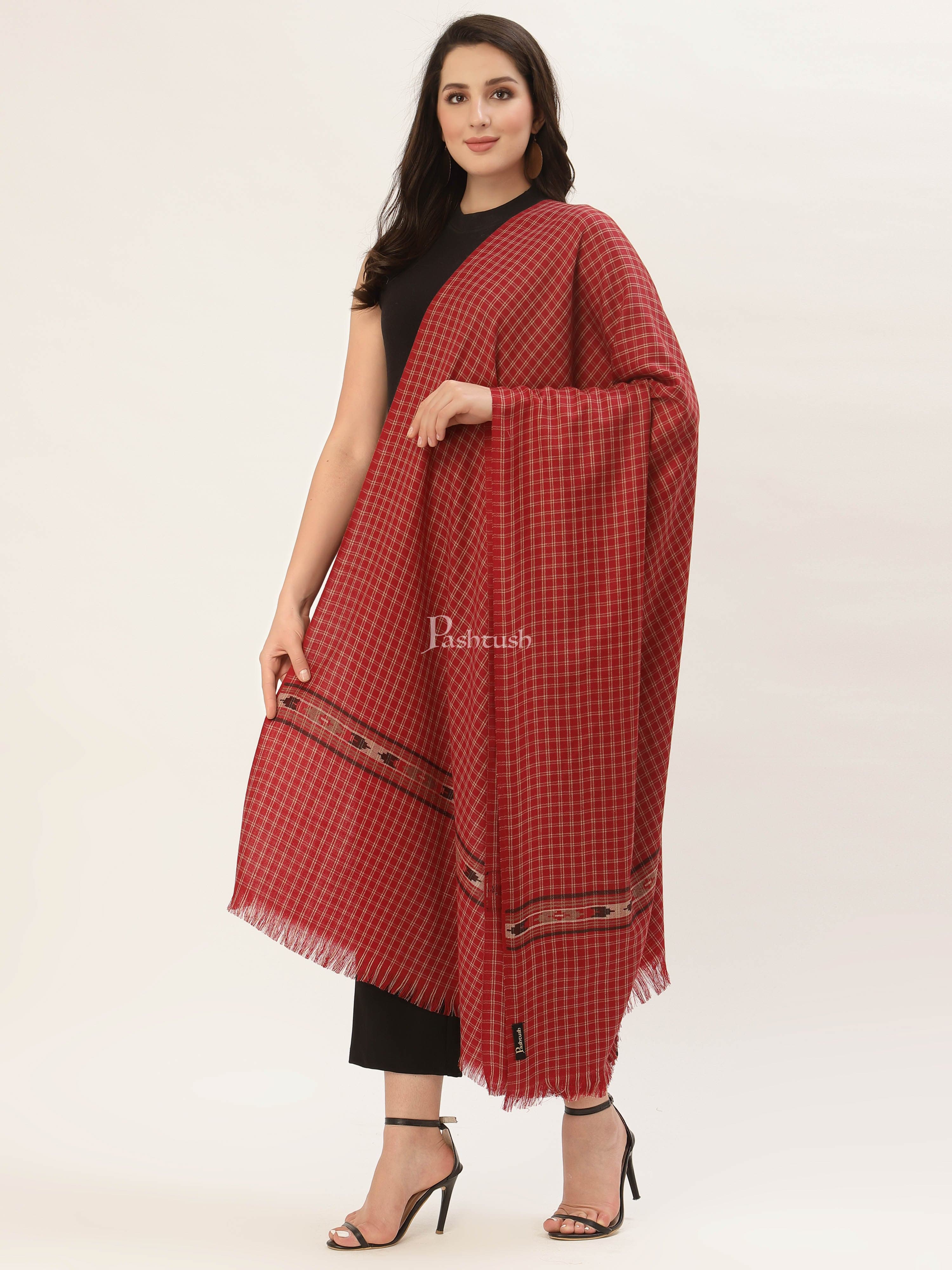 Pashtush Womens Aztec Weave Shawl From Himachal, Red - Image 6