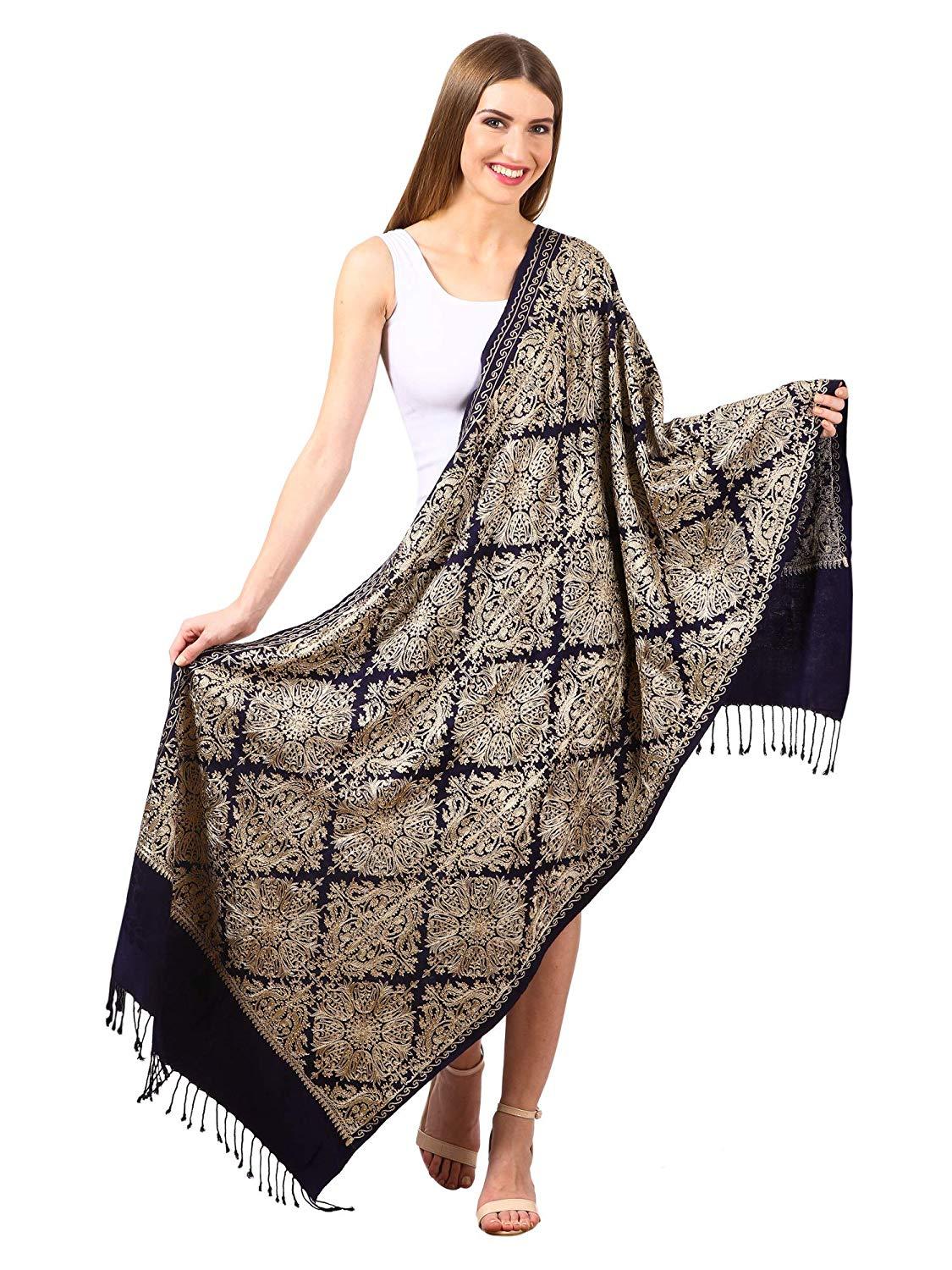 Pashtush Women'S Bamboo Embroidered, Stole, Navy Blue