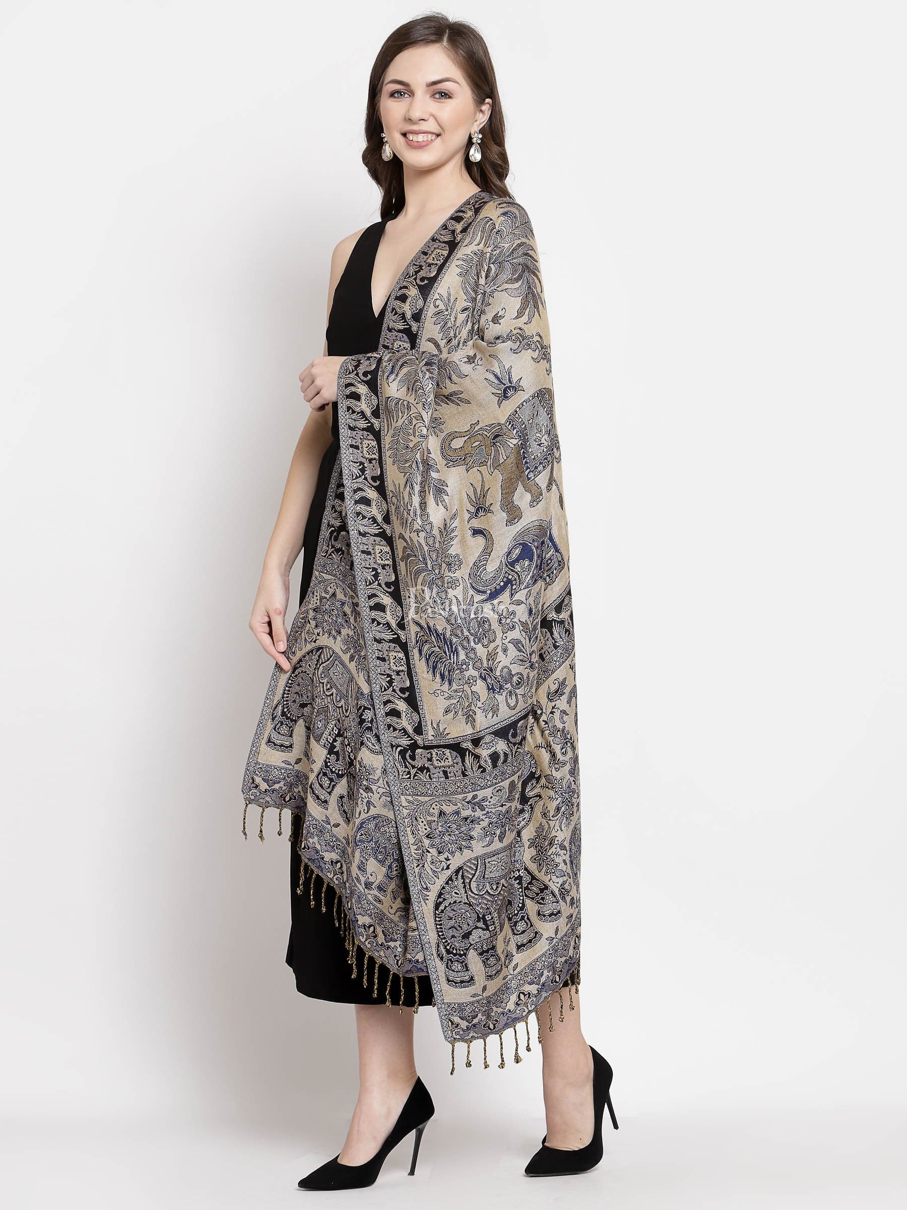 Pashtush Womens Bamboo Reversible Stole, Safari Animals, Elephant Design, Black
