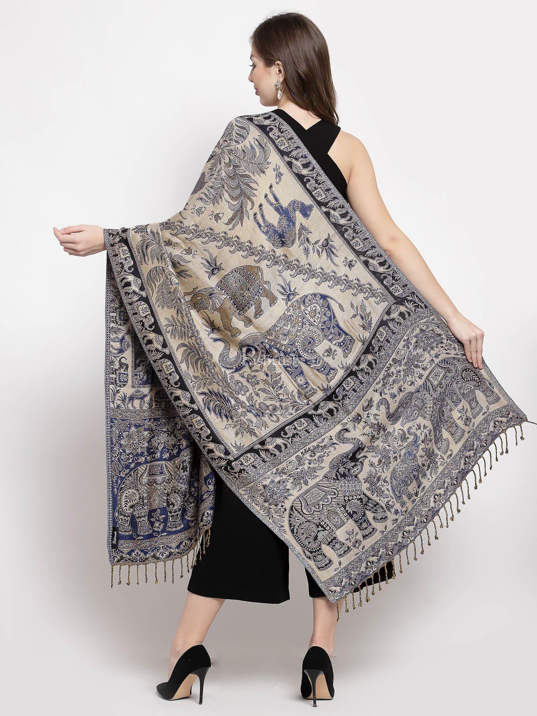 Pashtush Womens Bamboo Reversible Stole, Safari Animals, Elephant Design, Black - Image 3