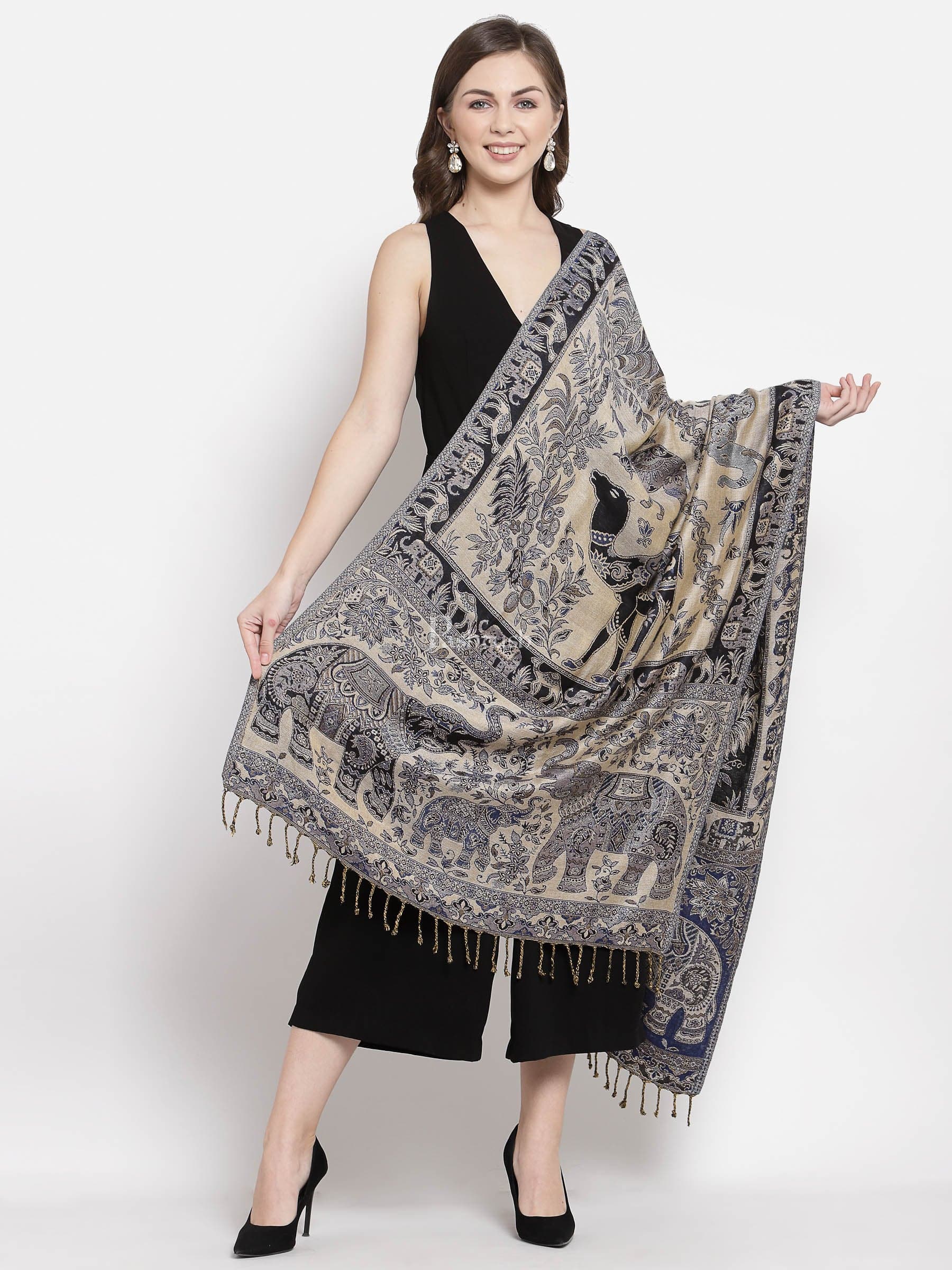 Pashtush Womens Bamboo Reversible Stole, Safari Animals, Elephant Design, Black - Image 4