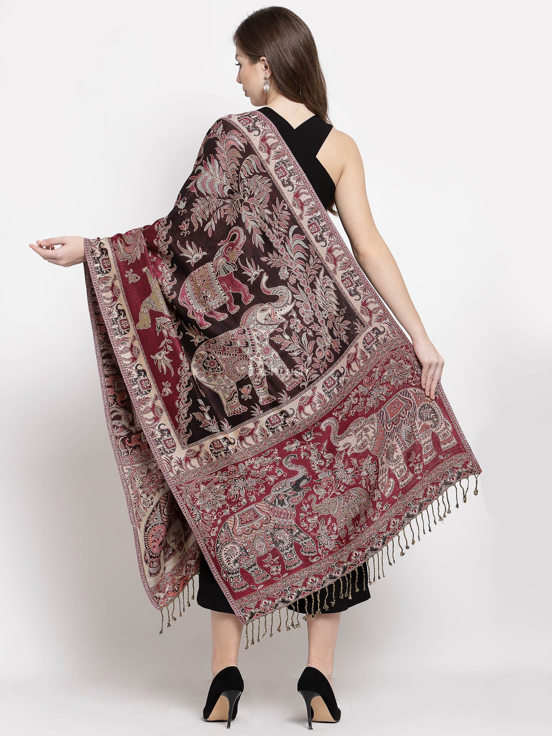 Pashtush Womens Bamboo Reversible Stole, Safari Elephants, Maroon And Black - Image 3