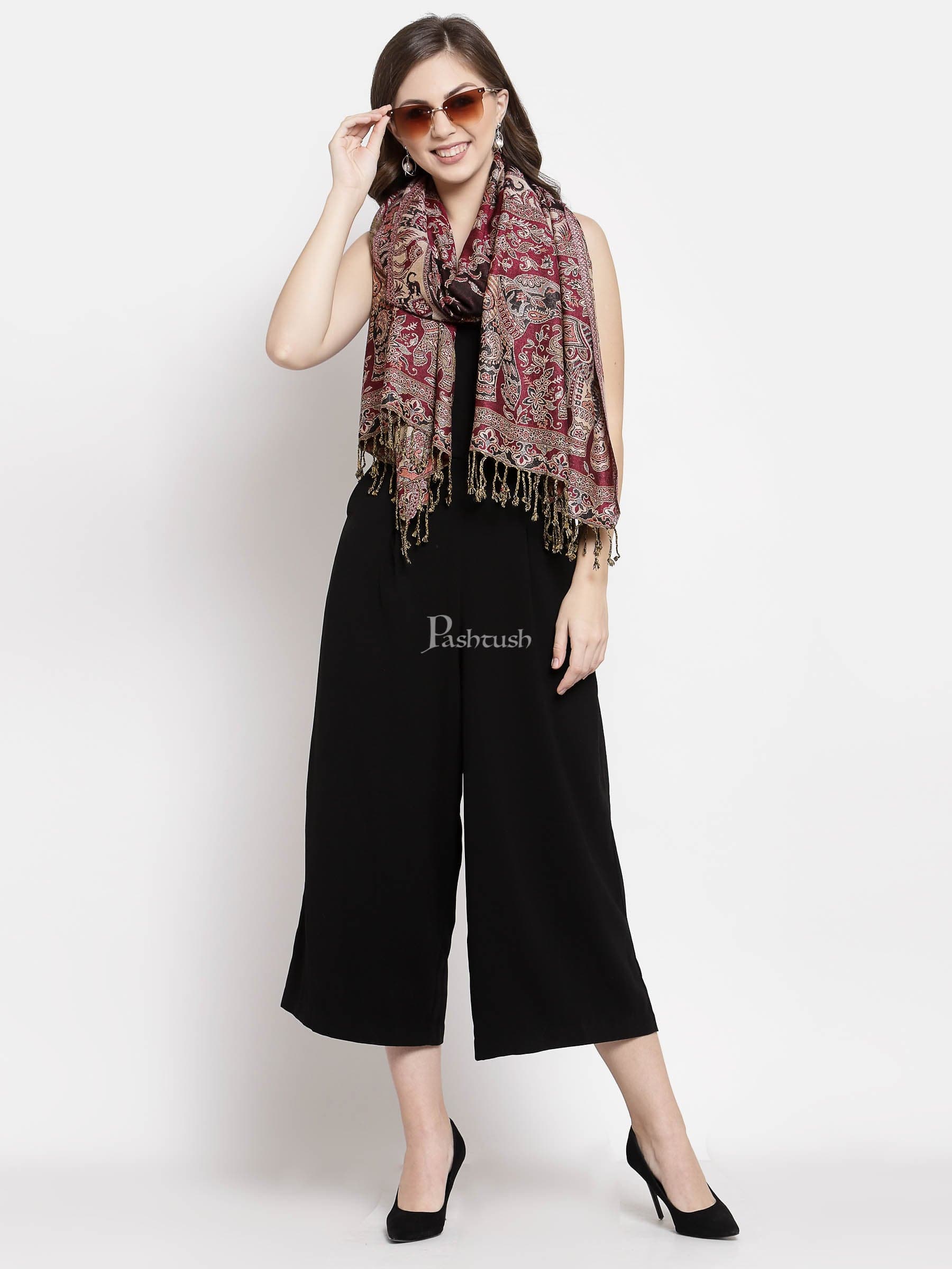 Pashtush Womens Bamboo Reversible Stole, Safari Elephants, Maroon And Black - Image 4