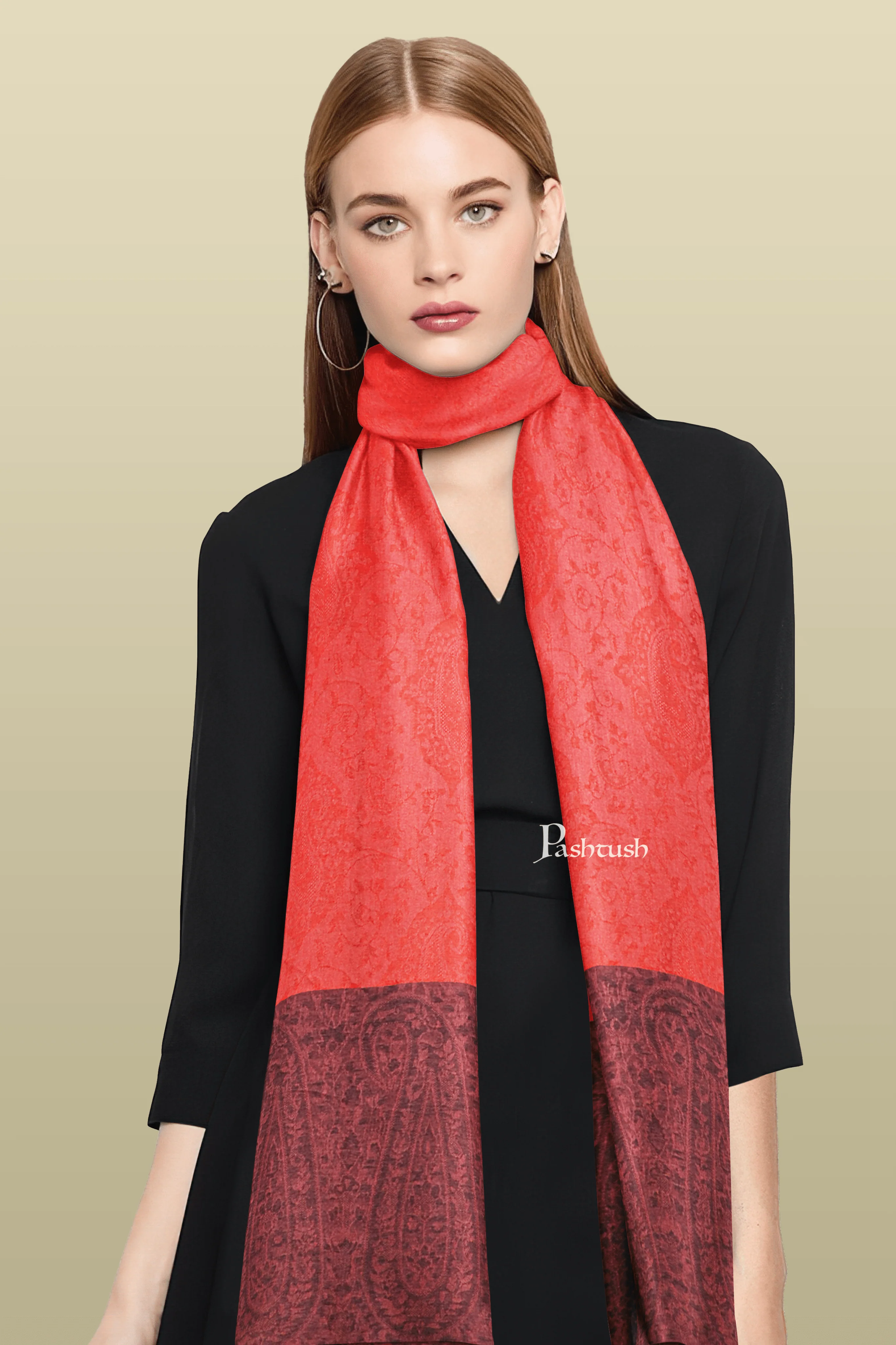 Pashtush Womens Bamboo Scarf, Woven Paisley Soft And Natural, Red