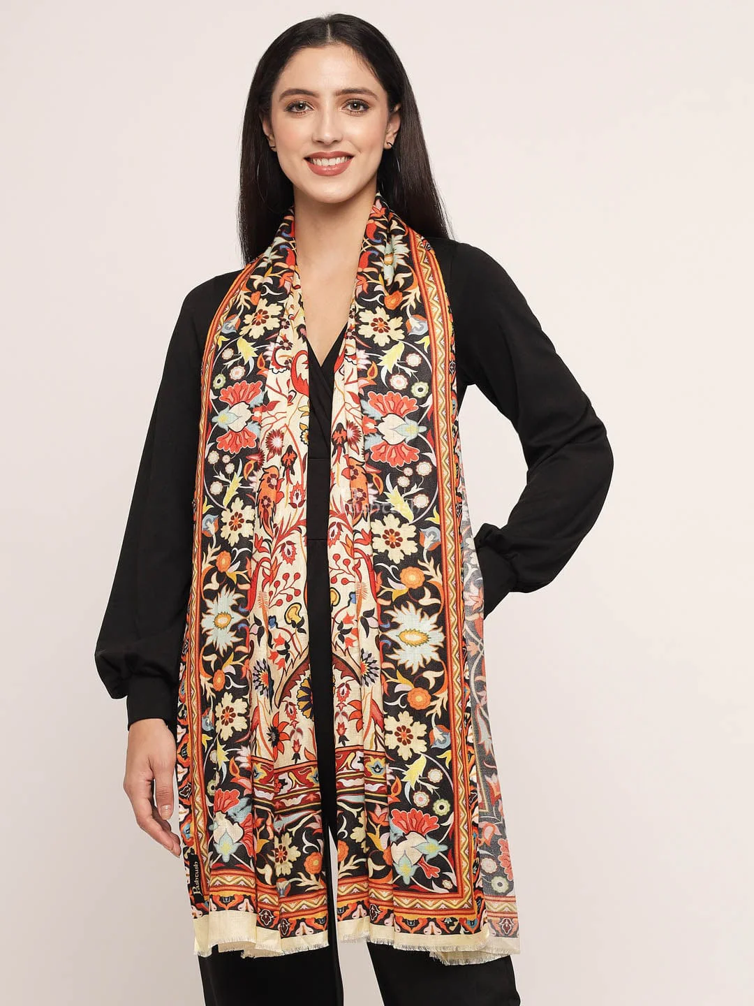 Pashtush womens bamboo shawl, kalamkari printed design, Multicolour - Image 3