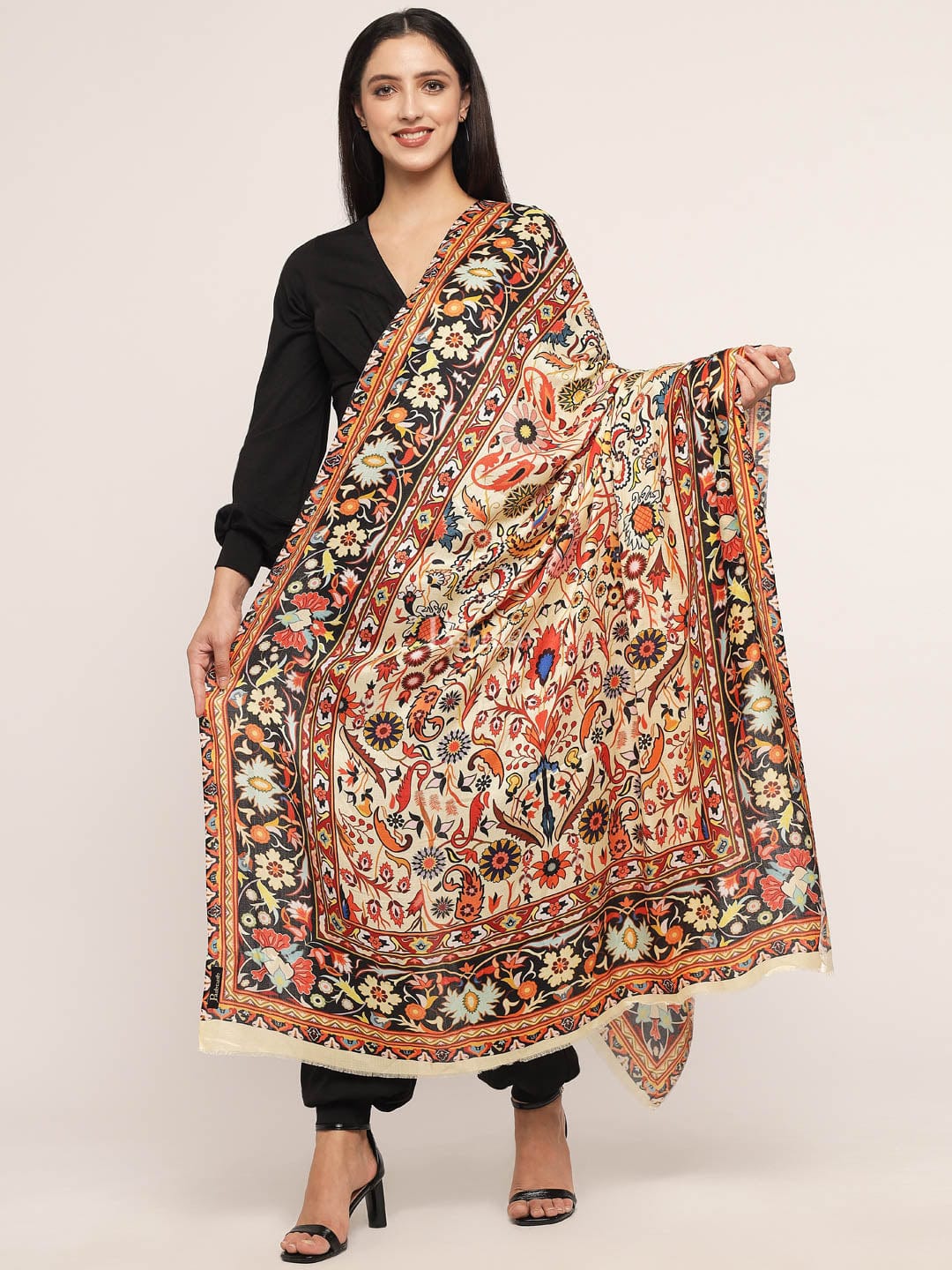Pashtush womens bamboo shawl, kalamkari printed design, Multicolour - Image 4