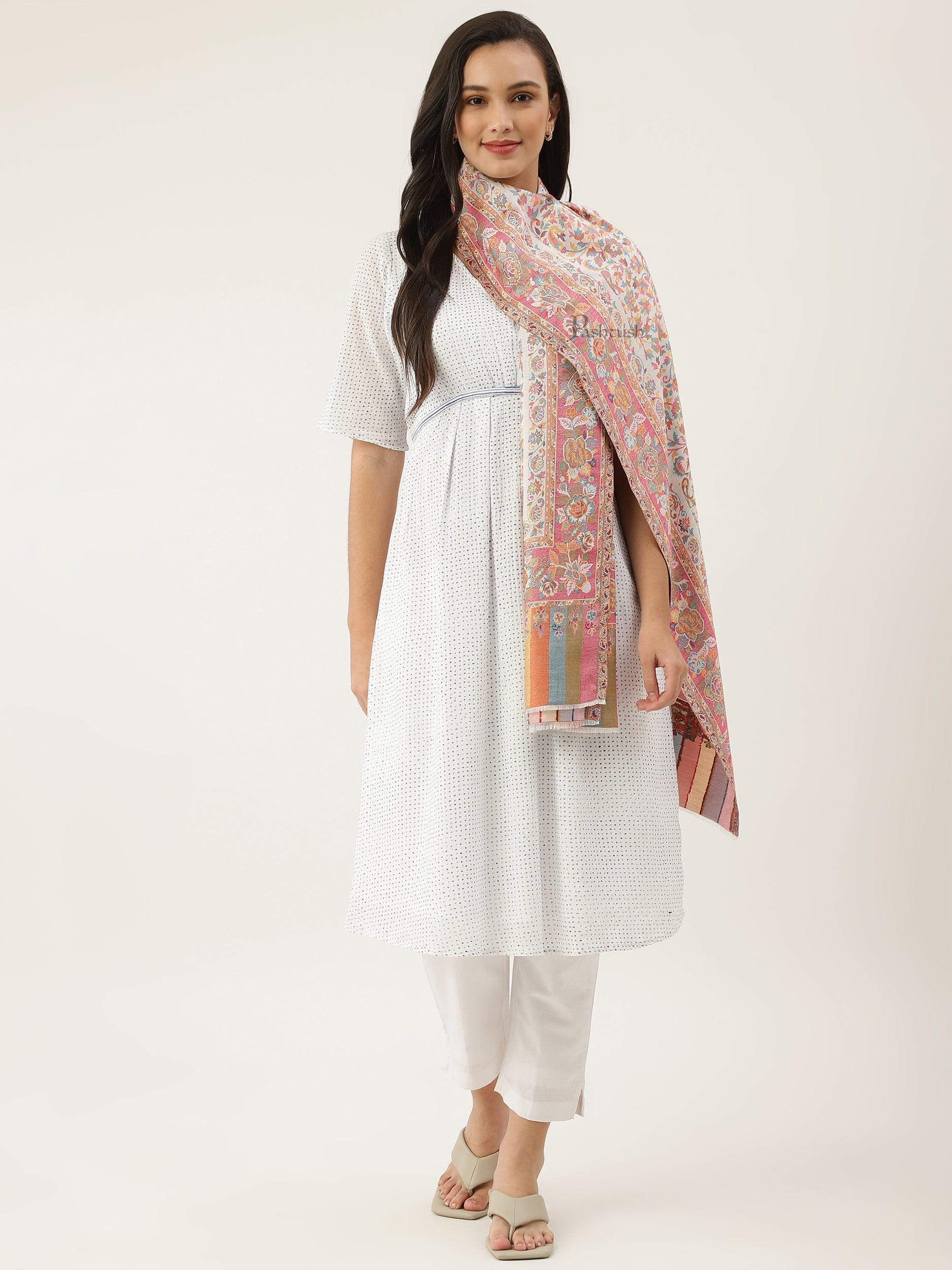 Pashtush womens bamboo shawl, Woven ethnic design, Ivory - Image 3