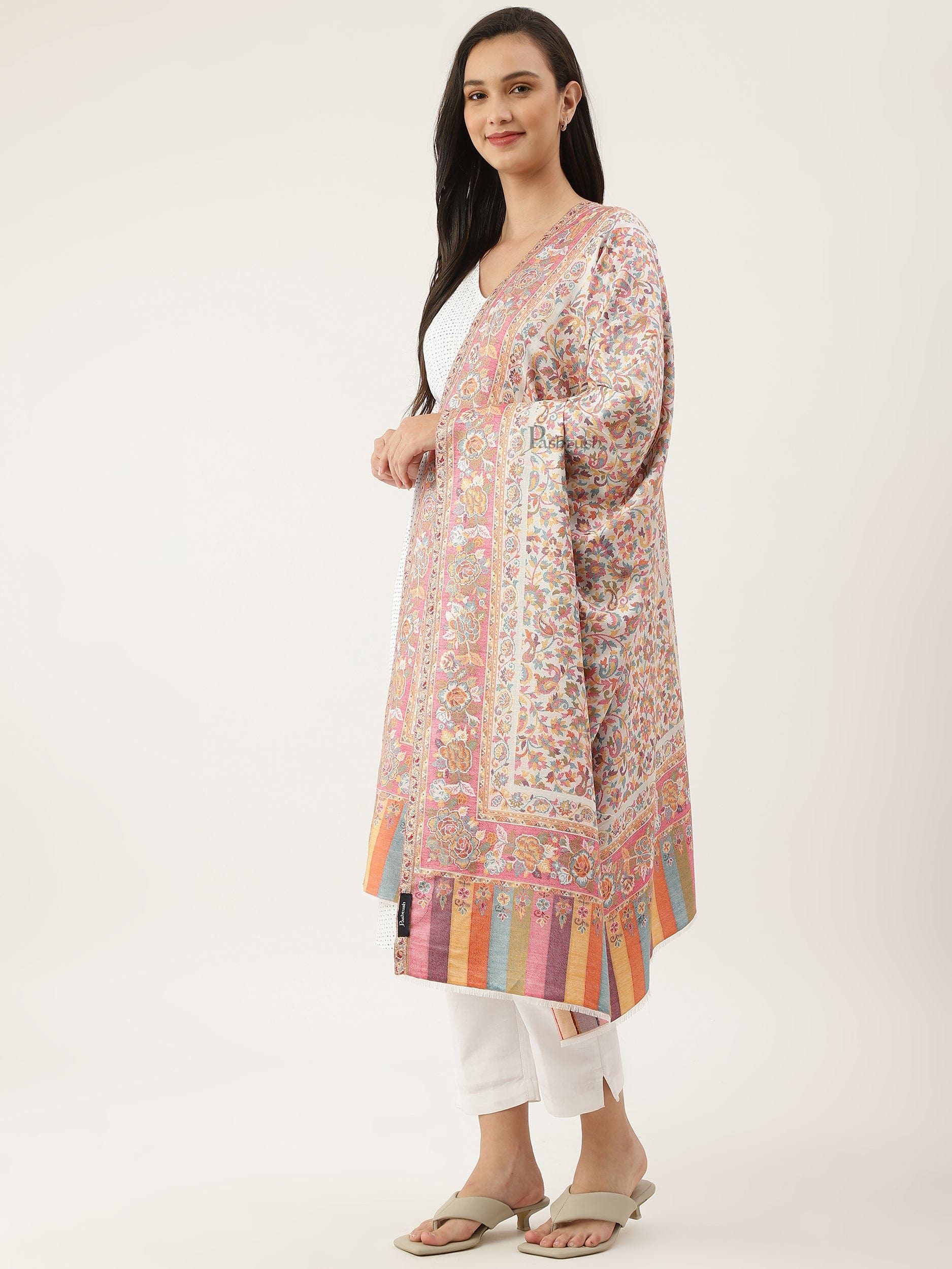 Pashtush womens bamboo shawl, Woven ethnic design, Ivory - Image 4
