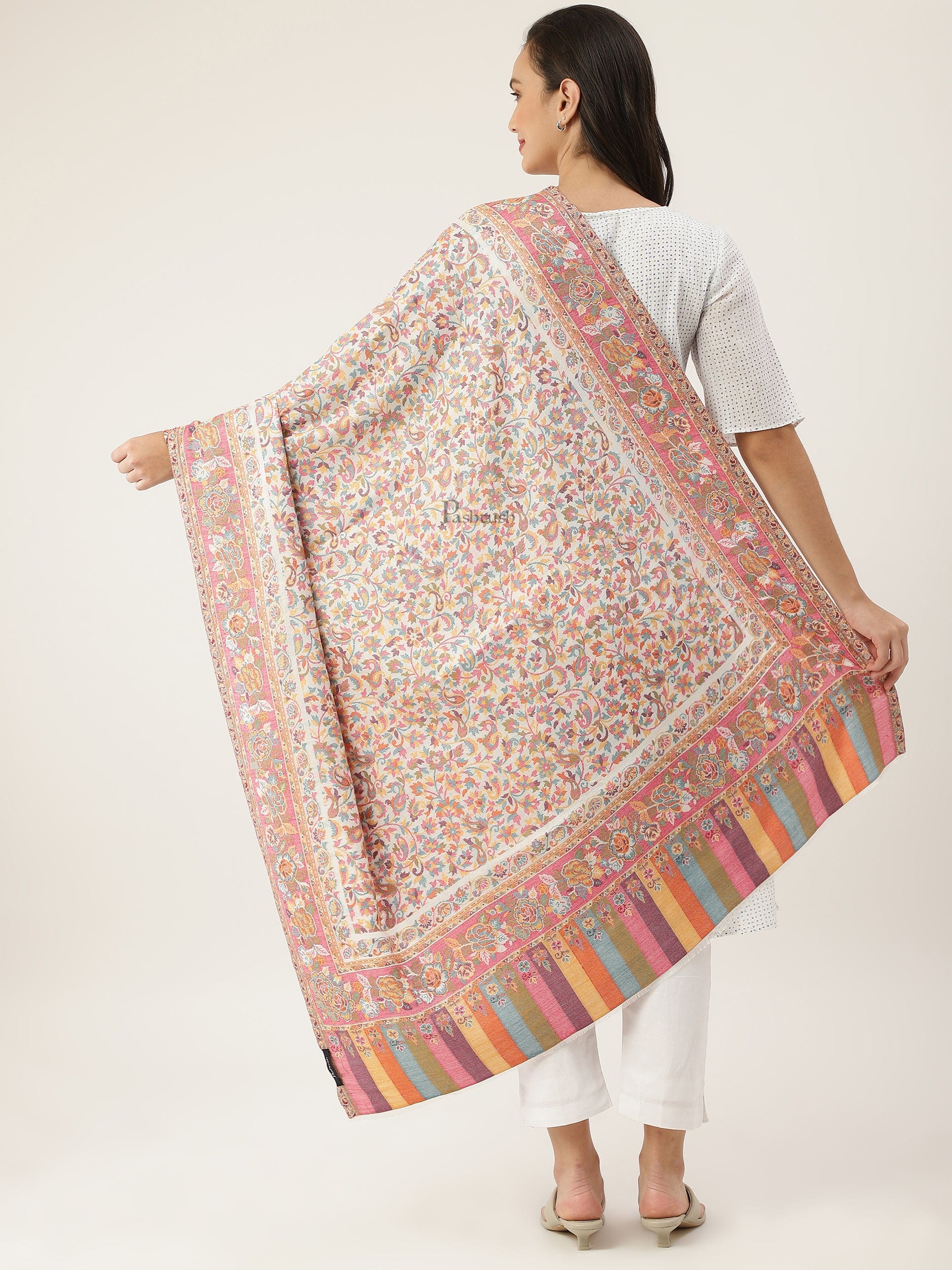 Pashtush womens bamboo shawl, Woven ethnic design, Ivory - Image 6
