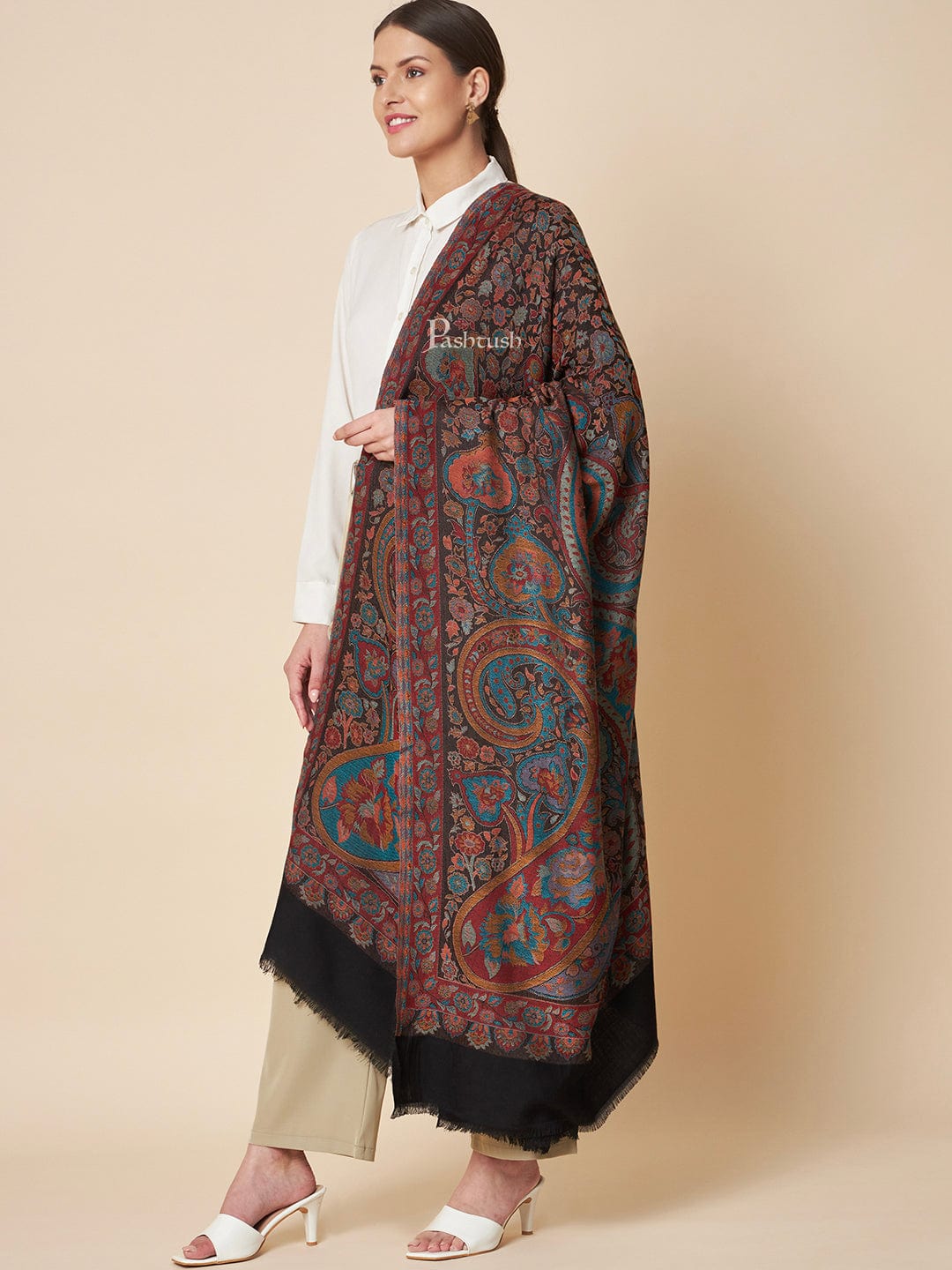 Pashtush Womens Bamboo Shawl, Woven Jamawar Paisley Design, Multicolour - Image 4