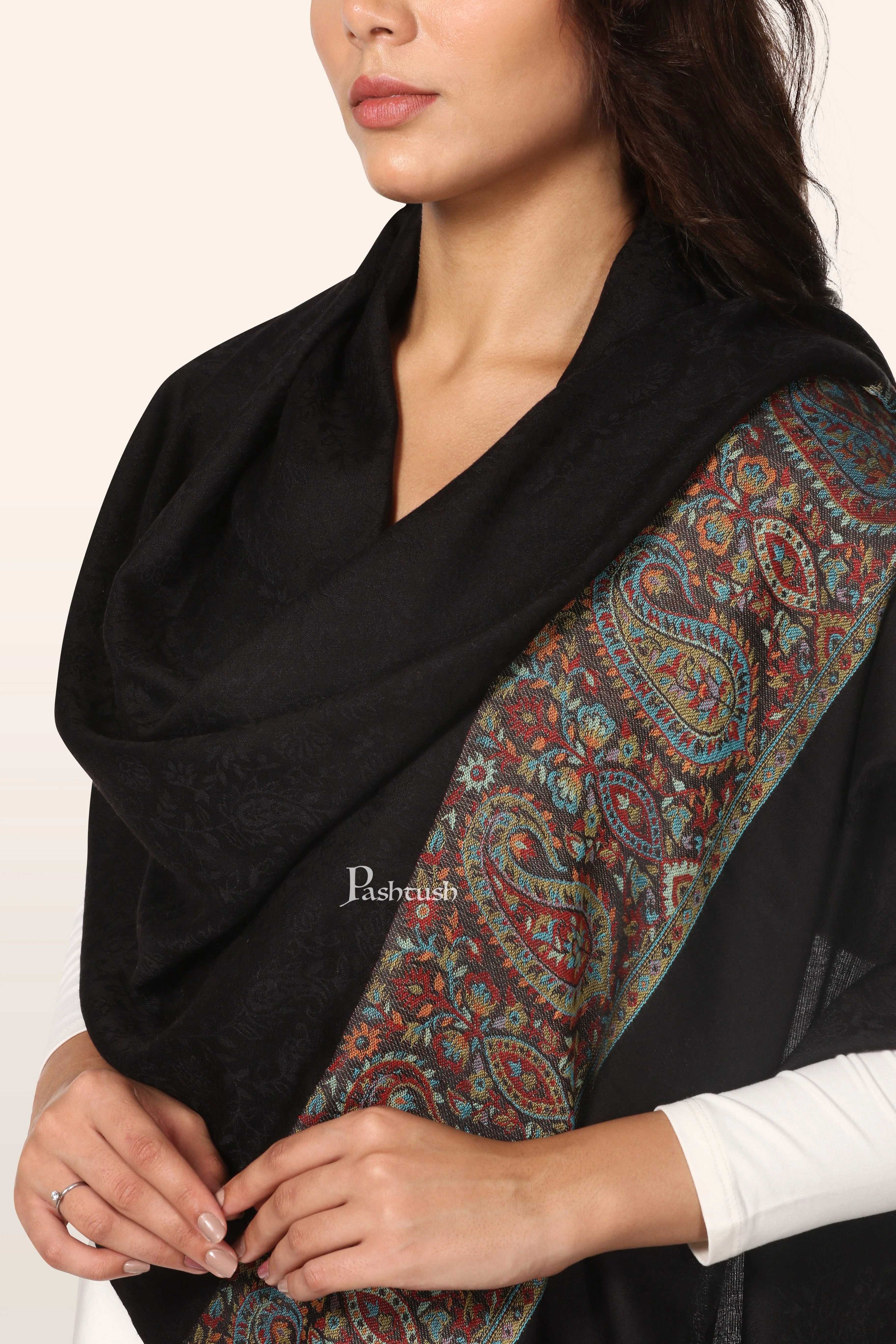 Pashtush Womens Bamboo Stole, Ambi Palla Design, Black - Image 2