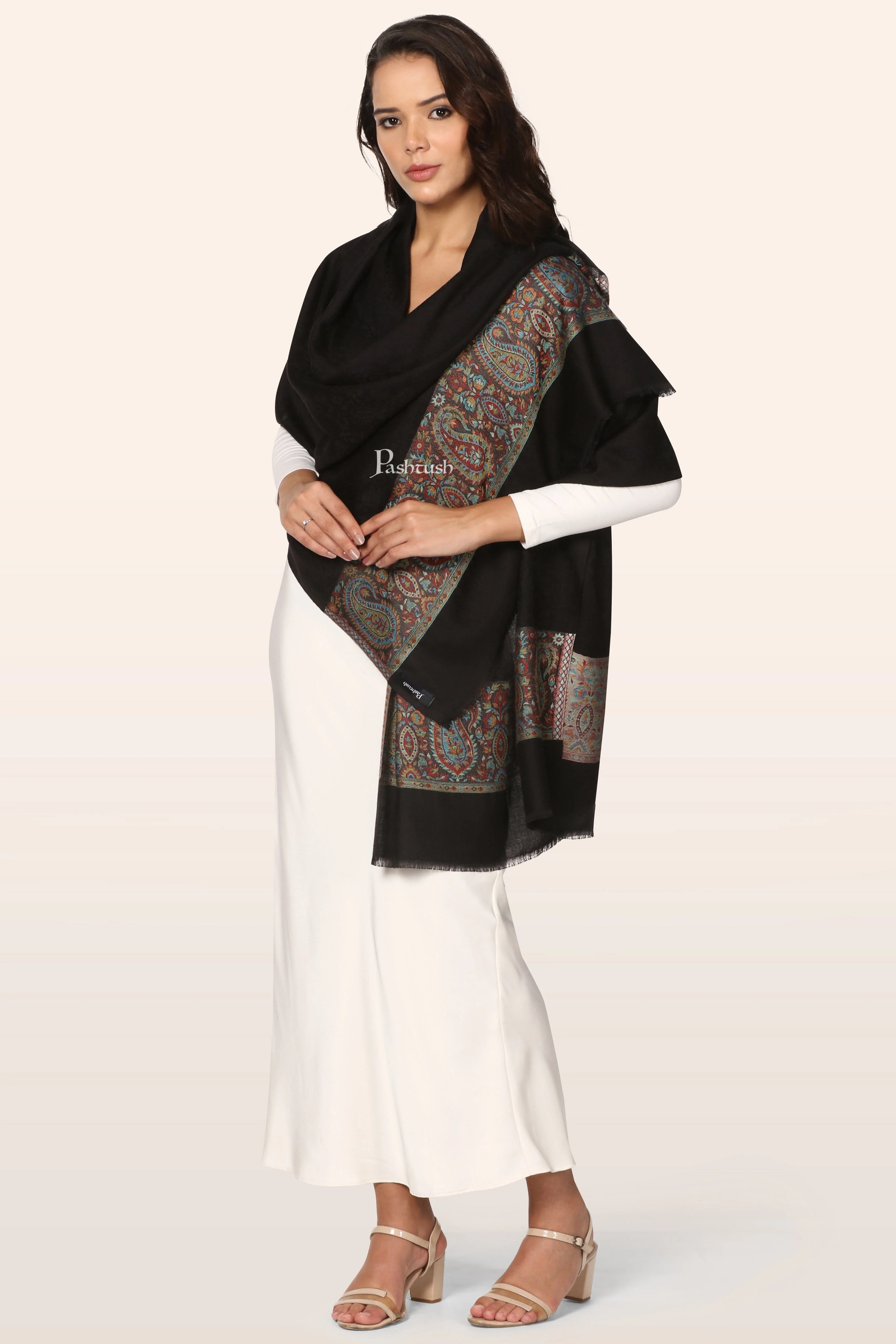 Pashtush Womens Bamboo Stole, Ambi Palla Design, Black - Image 3
