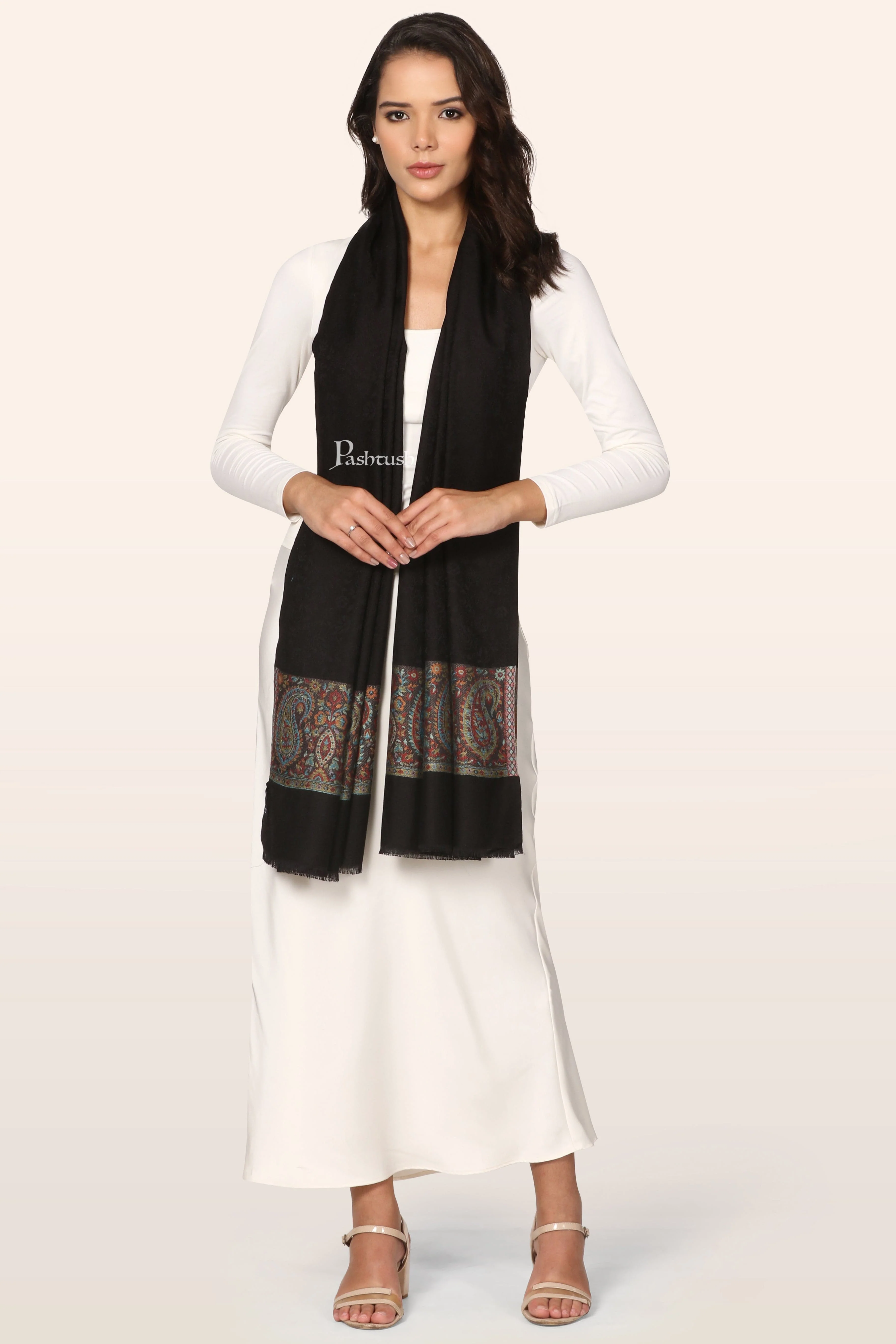 Pashtush Womens Bamboo Stole, Ambi Palla Design, Black - Image 4
