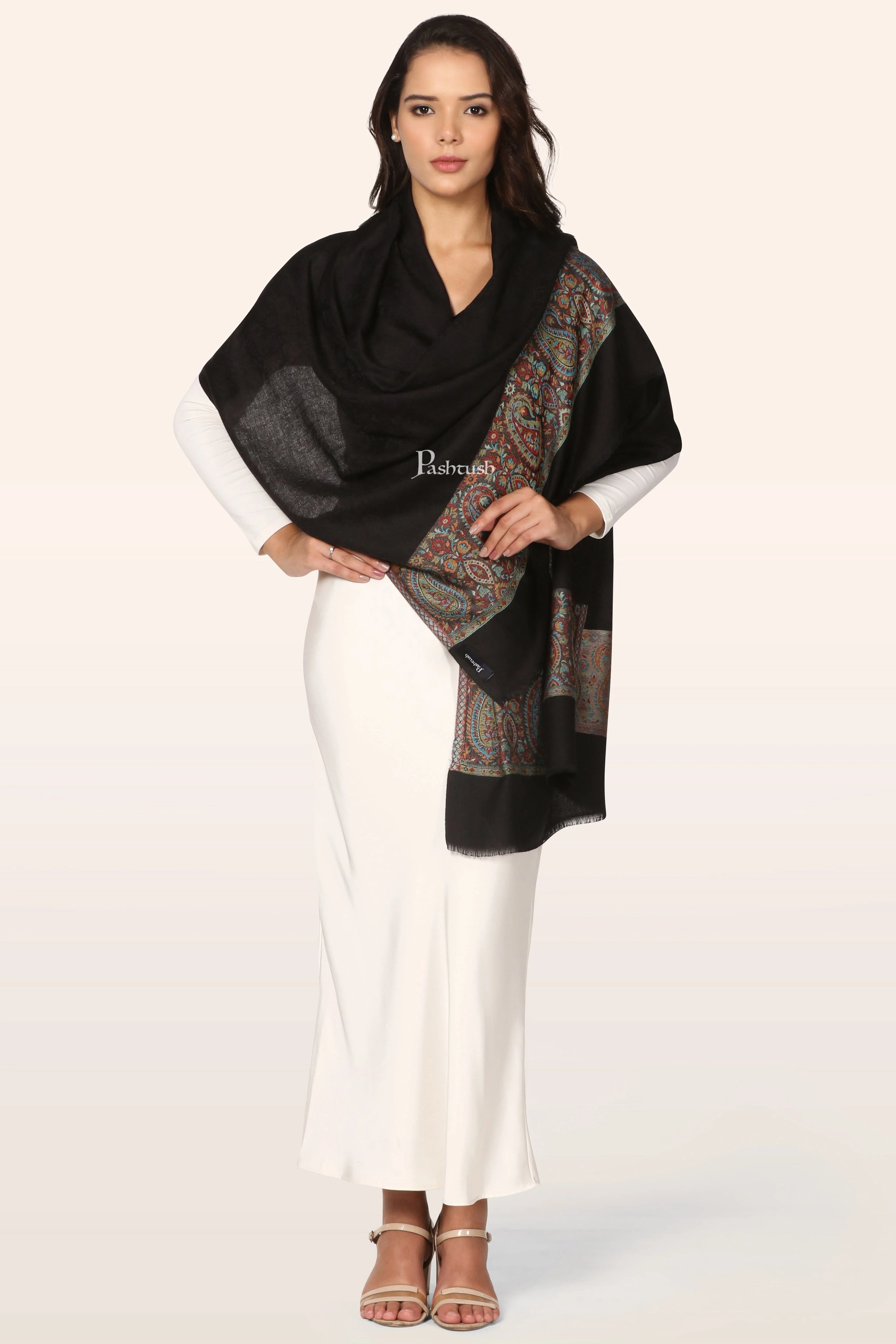 Pashtush Womens Bamboo Stole, Ambi Palla Design, Black - Image 5