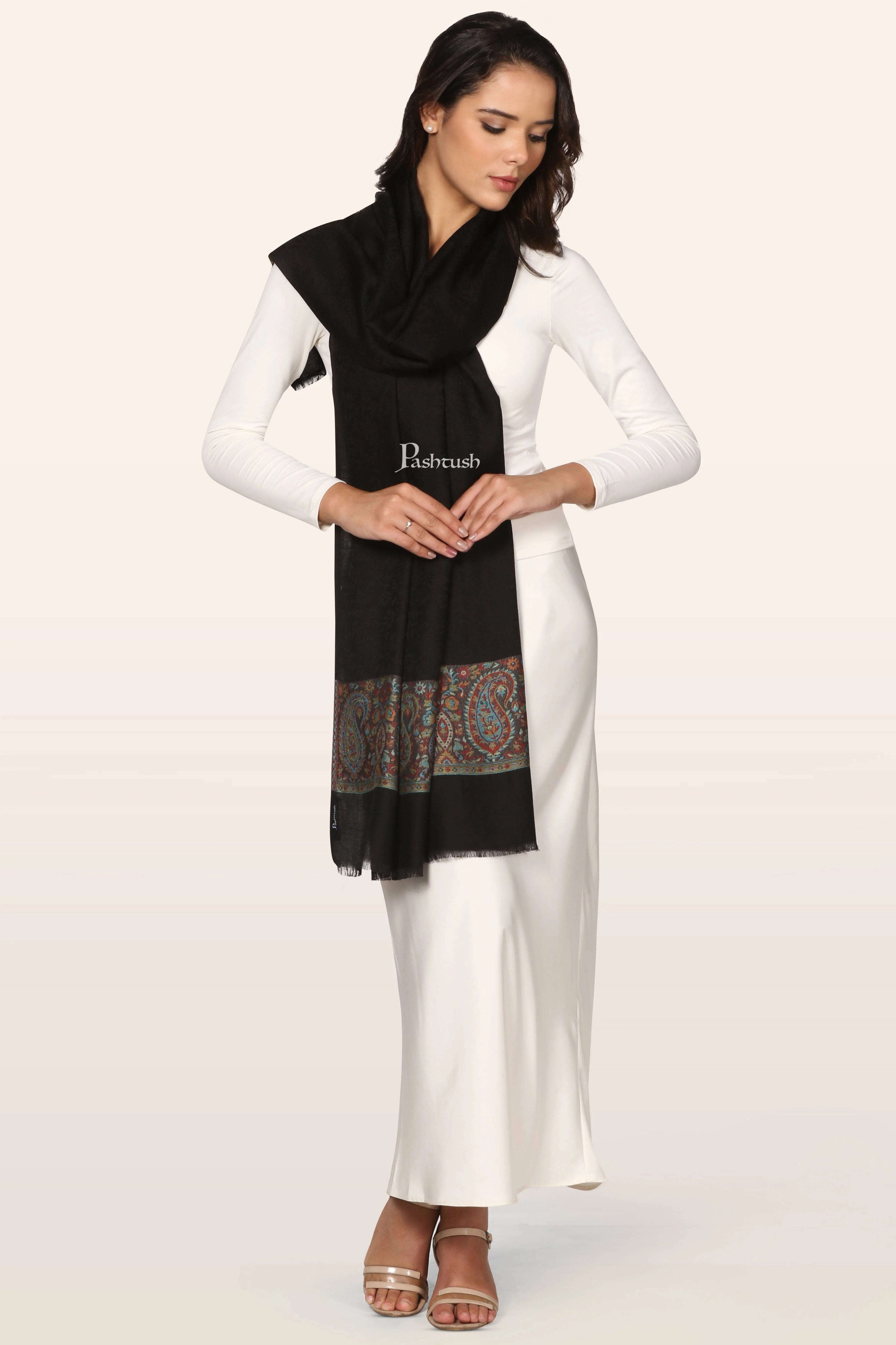 Pashtush Womens Bamboo Stole, Ambi Palla Design, Black - Image 6