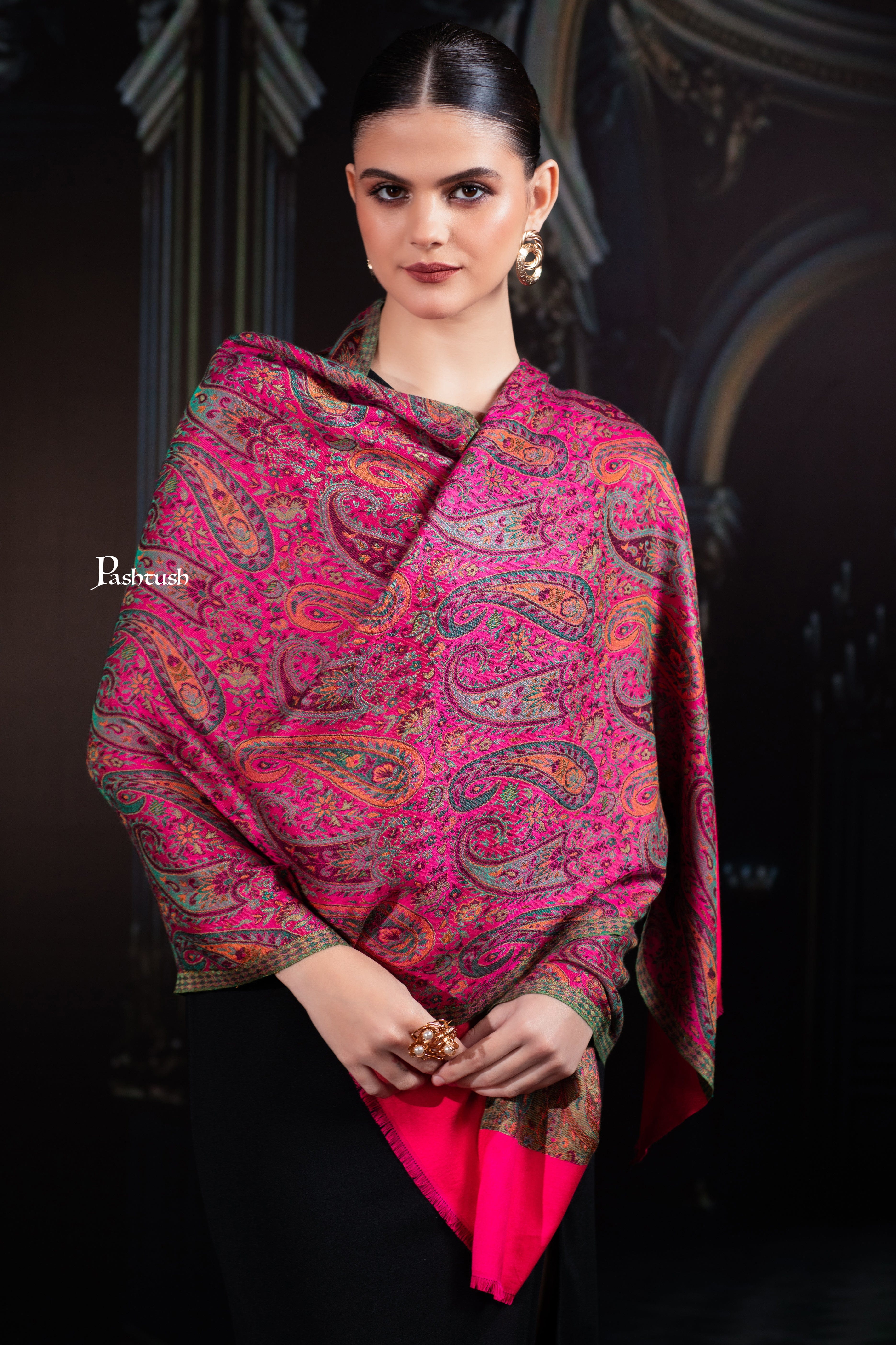 Pashtush Womens Bamboo Stole, Chanting Paisleys, Dark Pink - Image 4