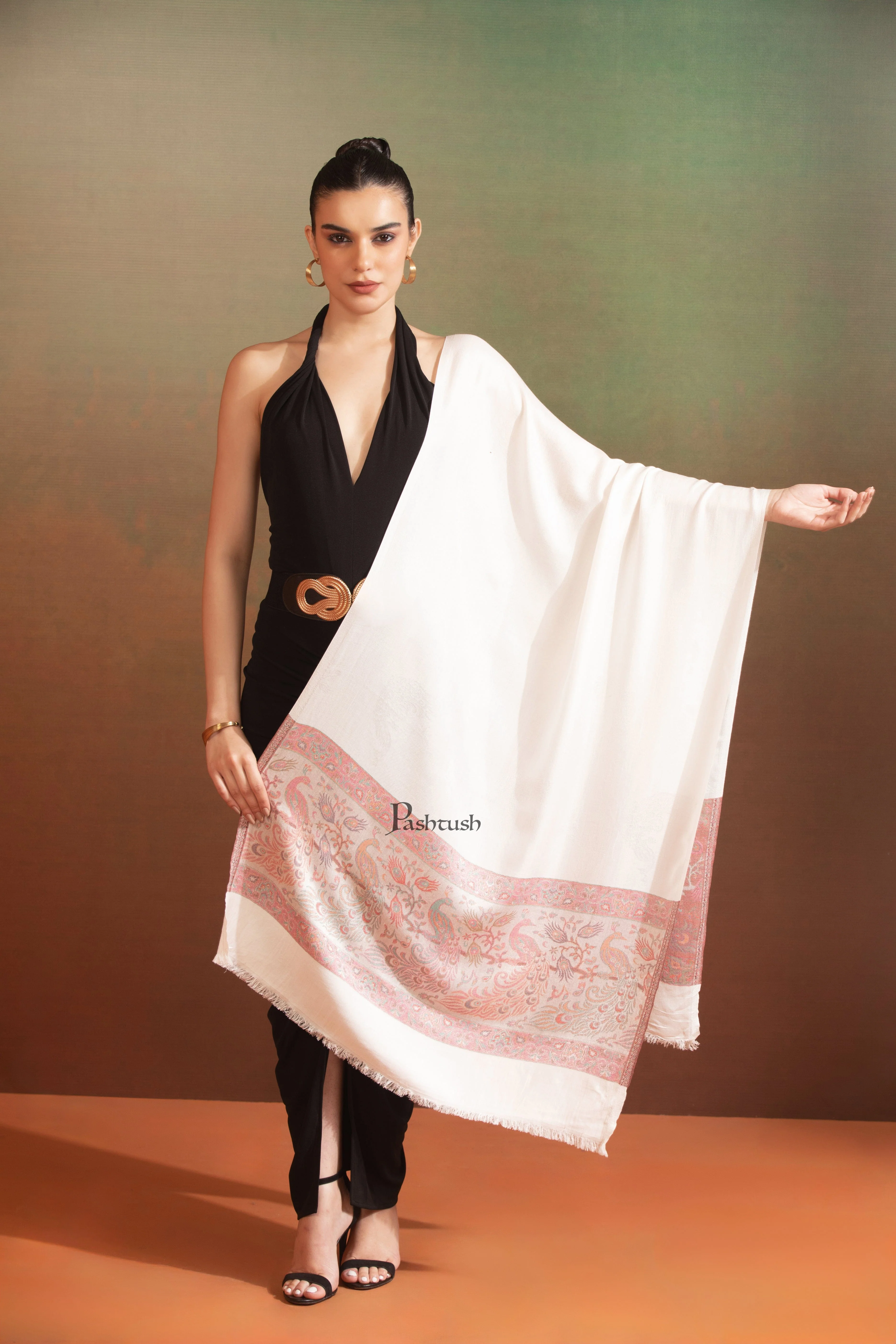 Pashtush Womens Bamboo Stole,  Design, Ivory - Image 3