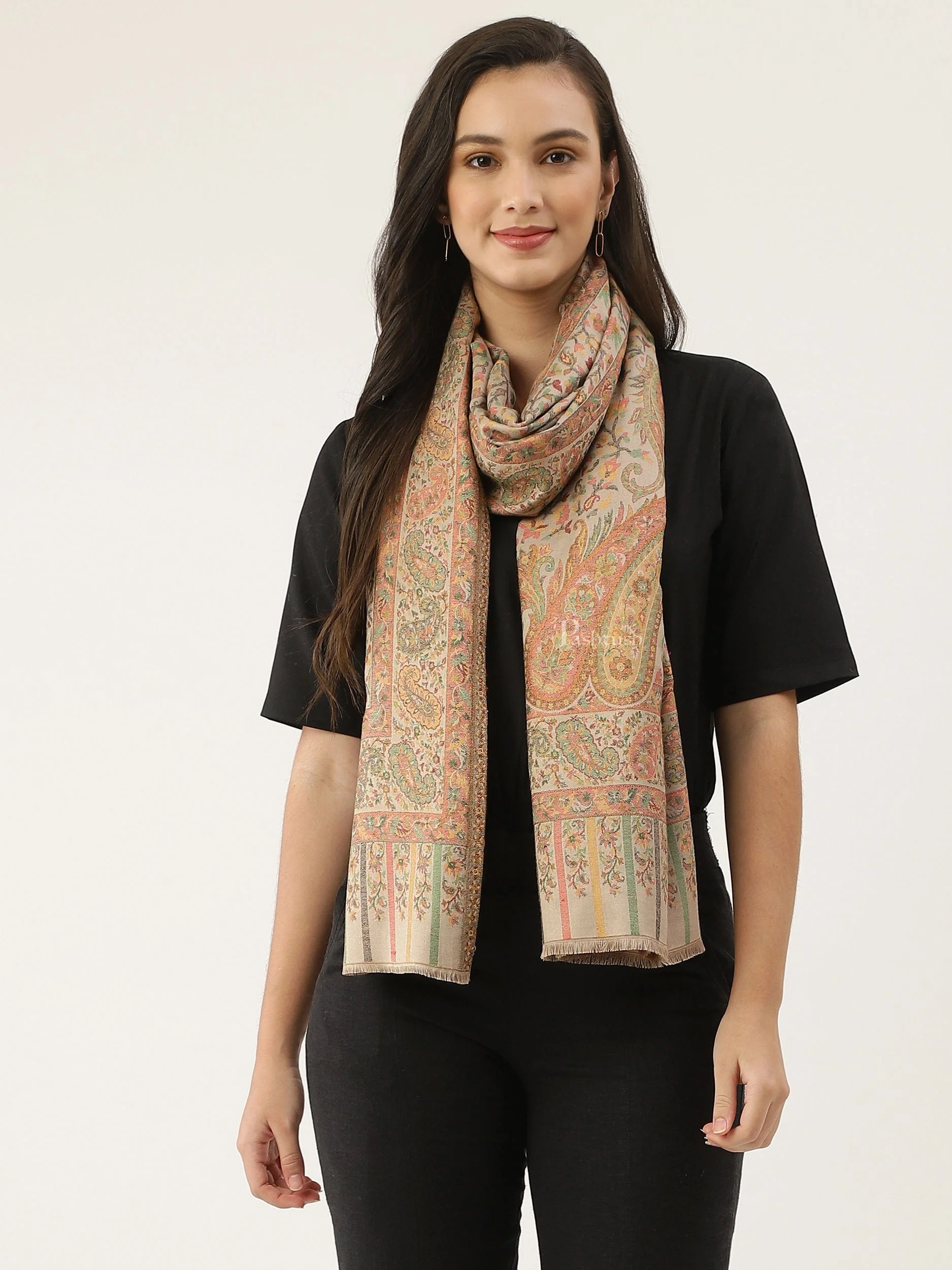 Pashtush womens Bamboo stole, ETHNIC design, Beige