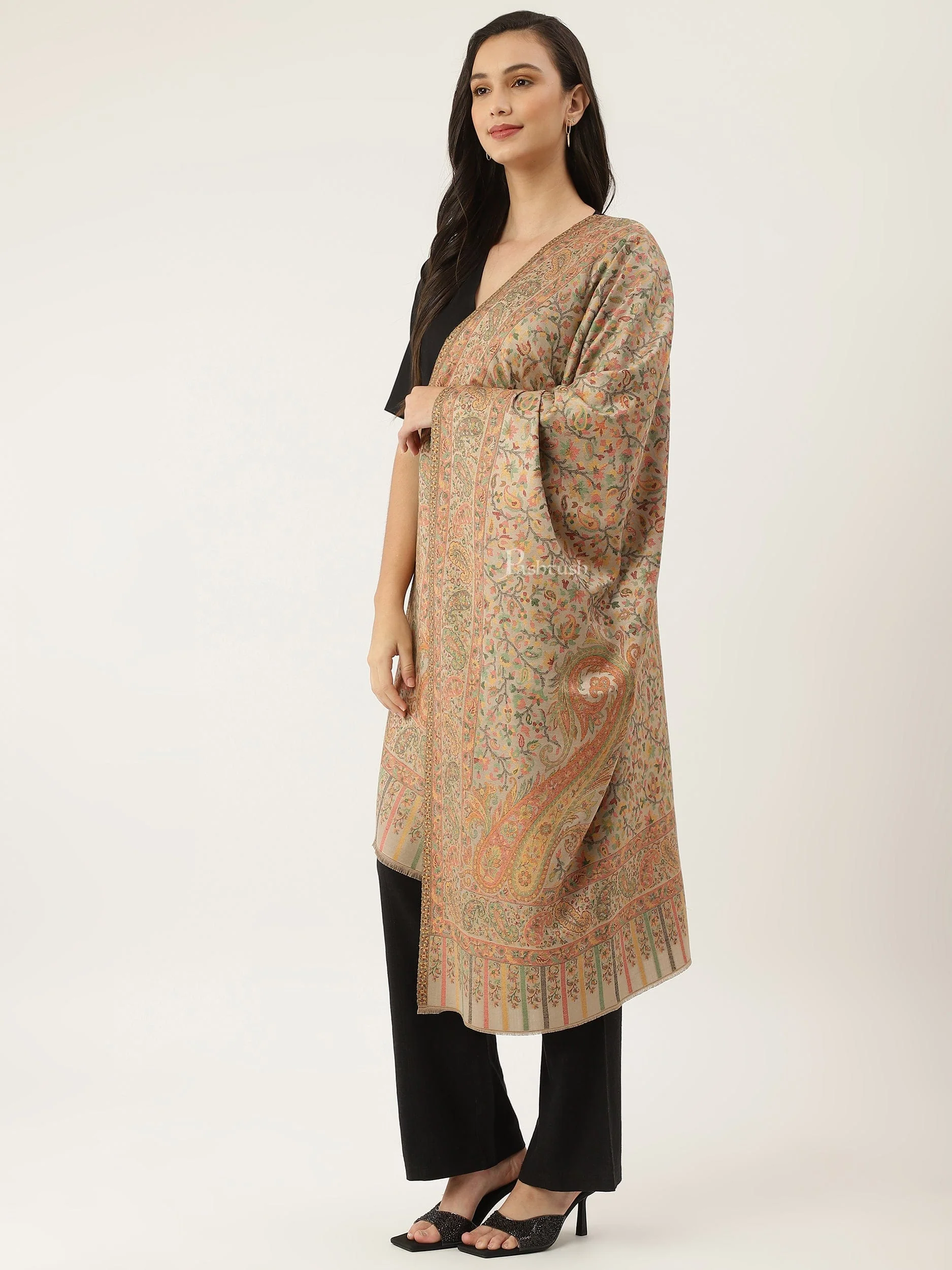Pashtush womens Bamboo stole, ETHNIC design, Beige - Image 3