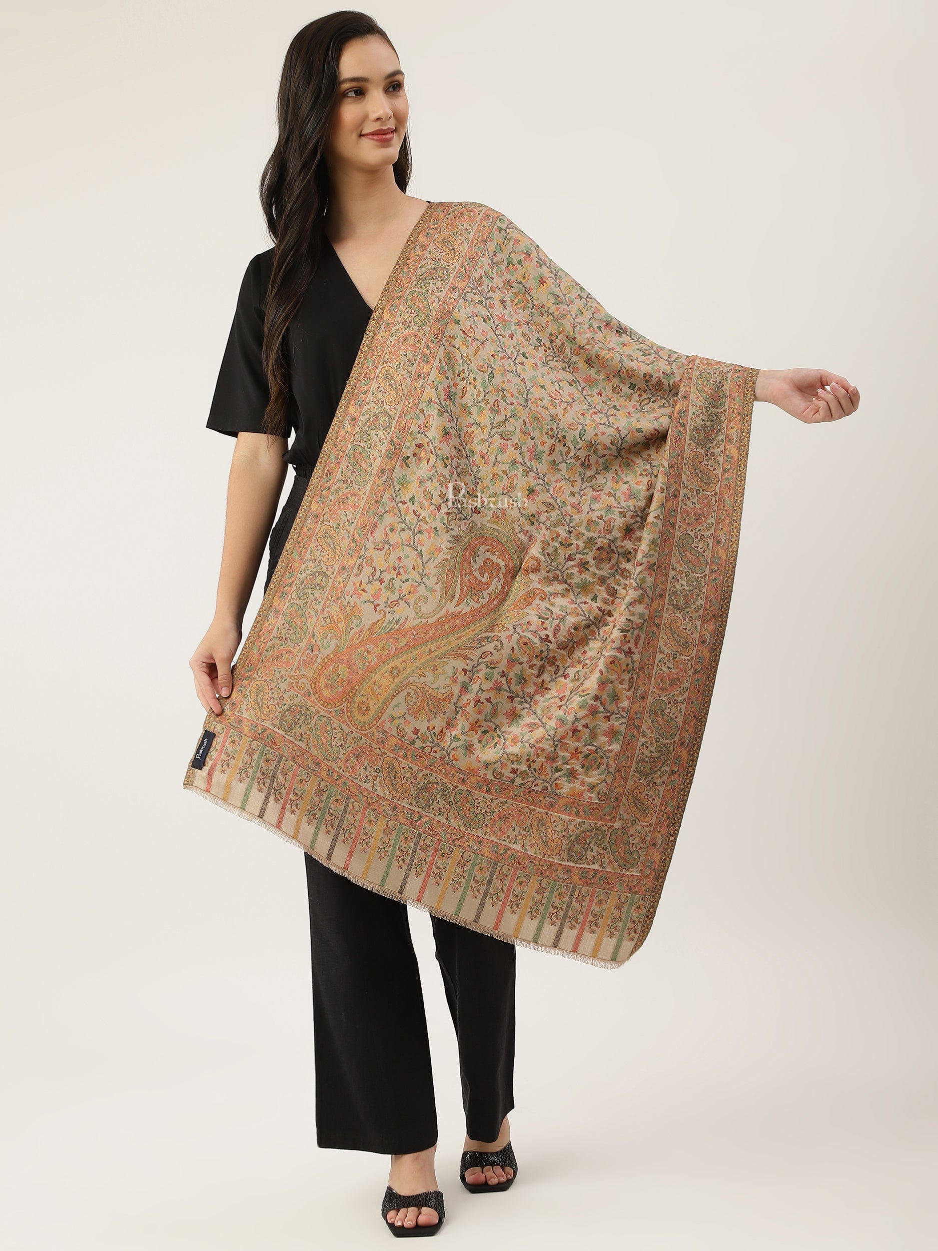 Pashtush womens Bamboo stole, ETHNIC design, Beige - Image 4