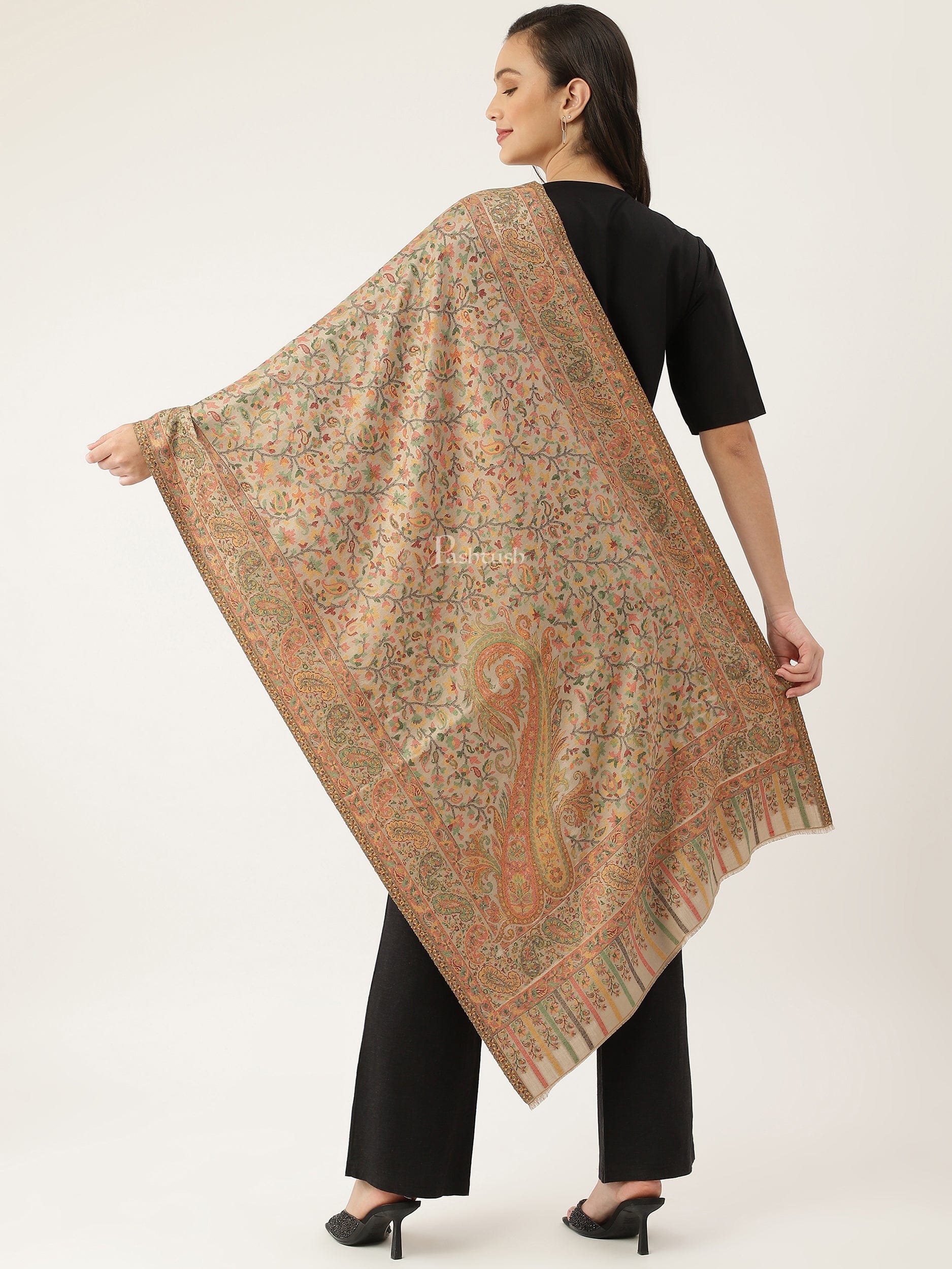 Pashtush womens Bamboo stole, ETHNIC design, Beige - Image 5