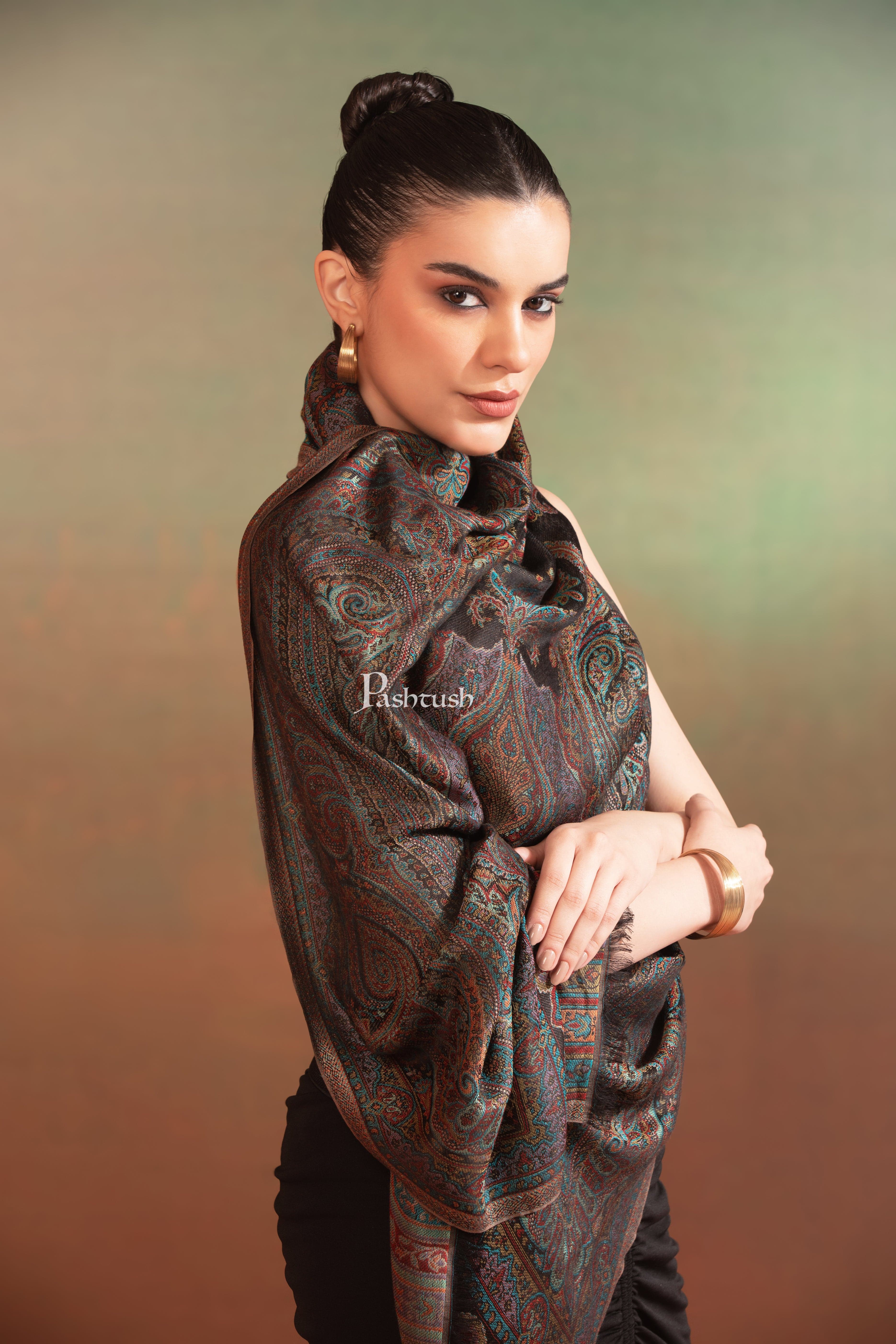 Pashtush Womens Bamboo Stole, Ethnic Jamawar Weave Design, Black - Image 3