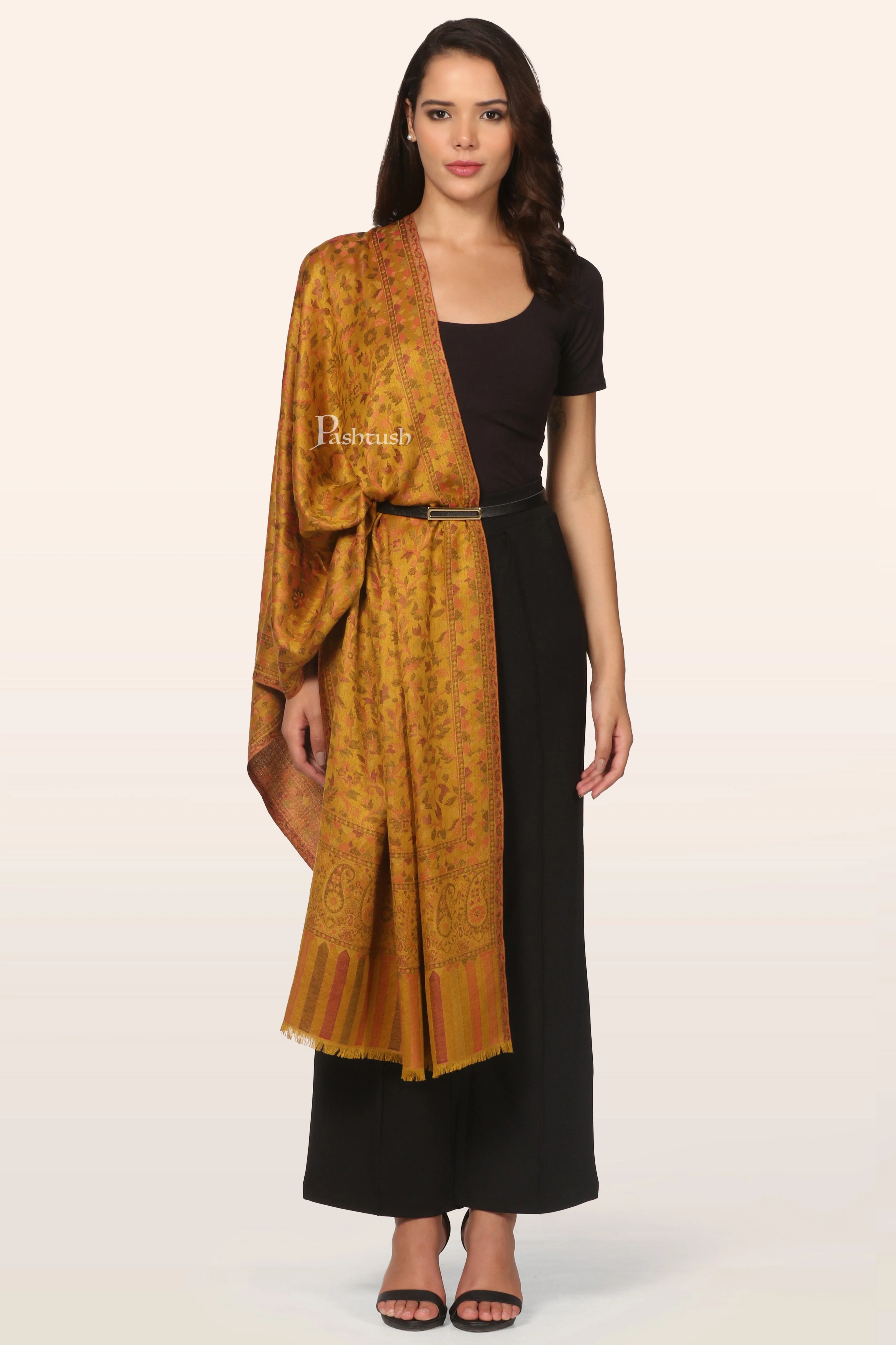 Pashtush Womens Bamboo Stole, Ethnic Weave Design, Mustard - Image 5