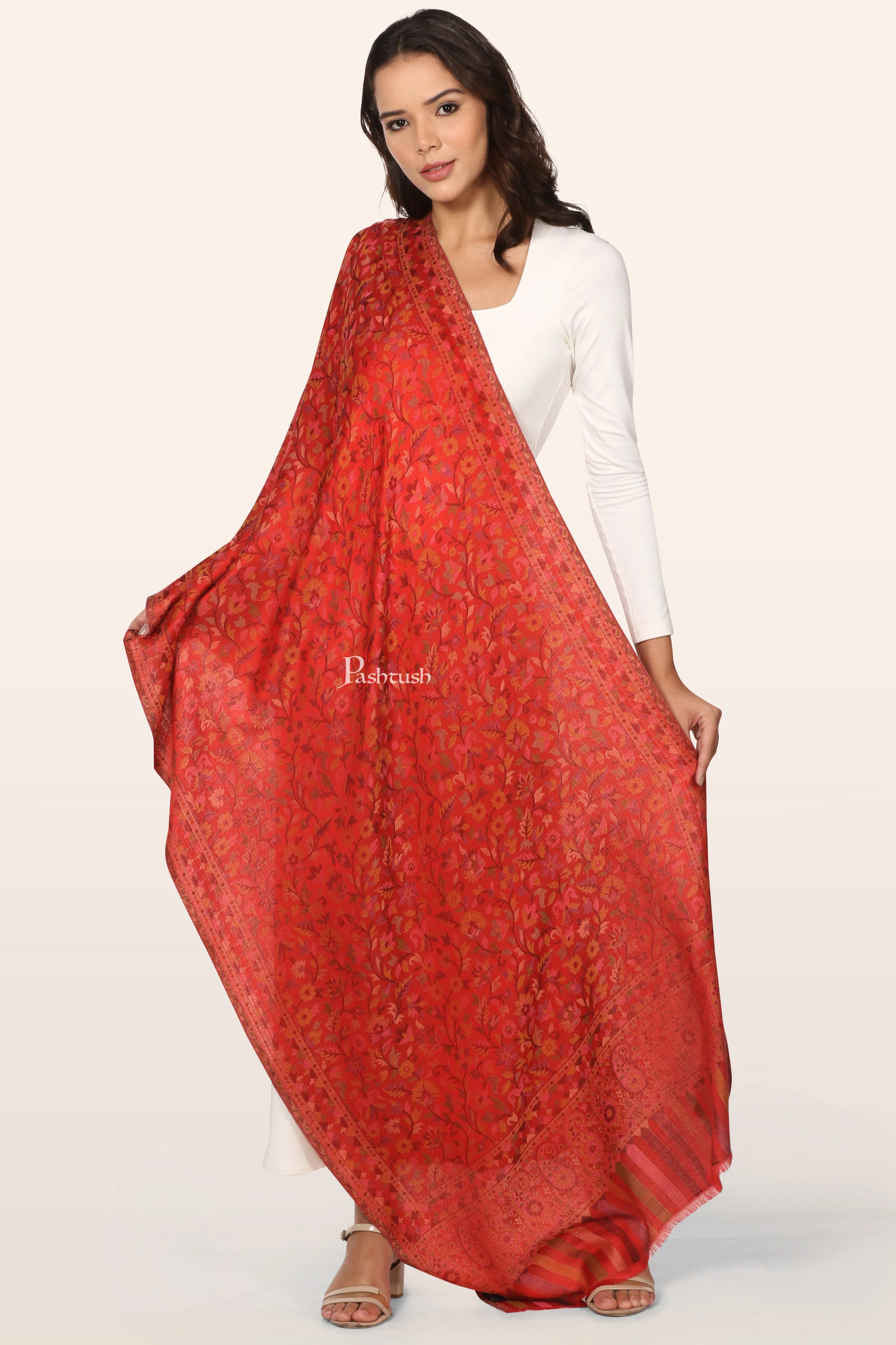 Pashtush Womens Bamboo Stole, Ethnic Weave Design, Red - Image 3