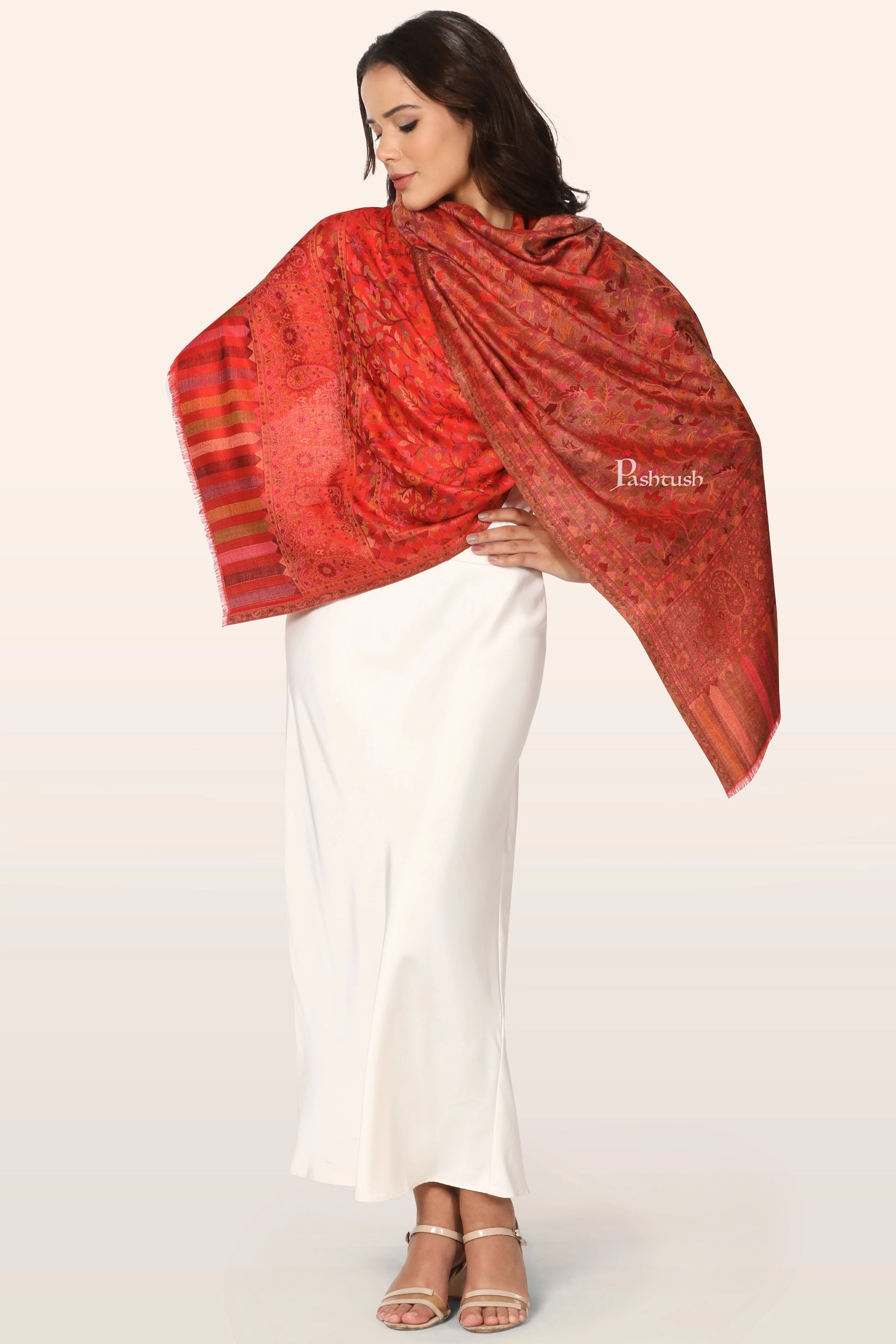 Pashtush Womens Bamboo Stole, Ethnic Weave Design, Red - Image 4
