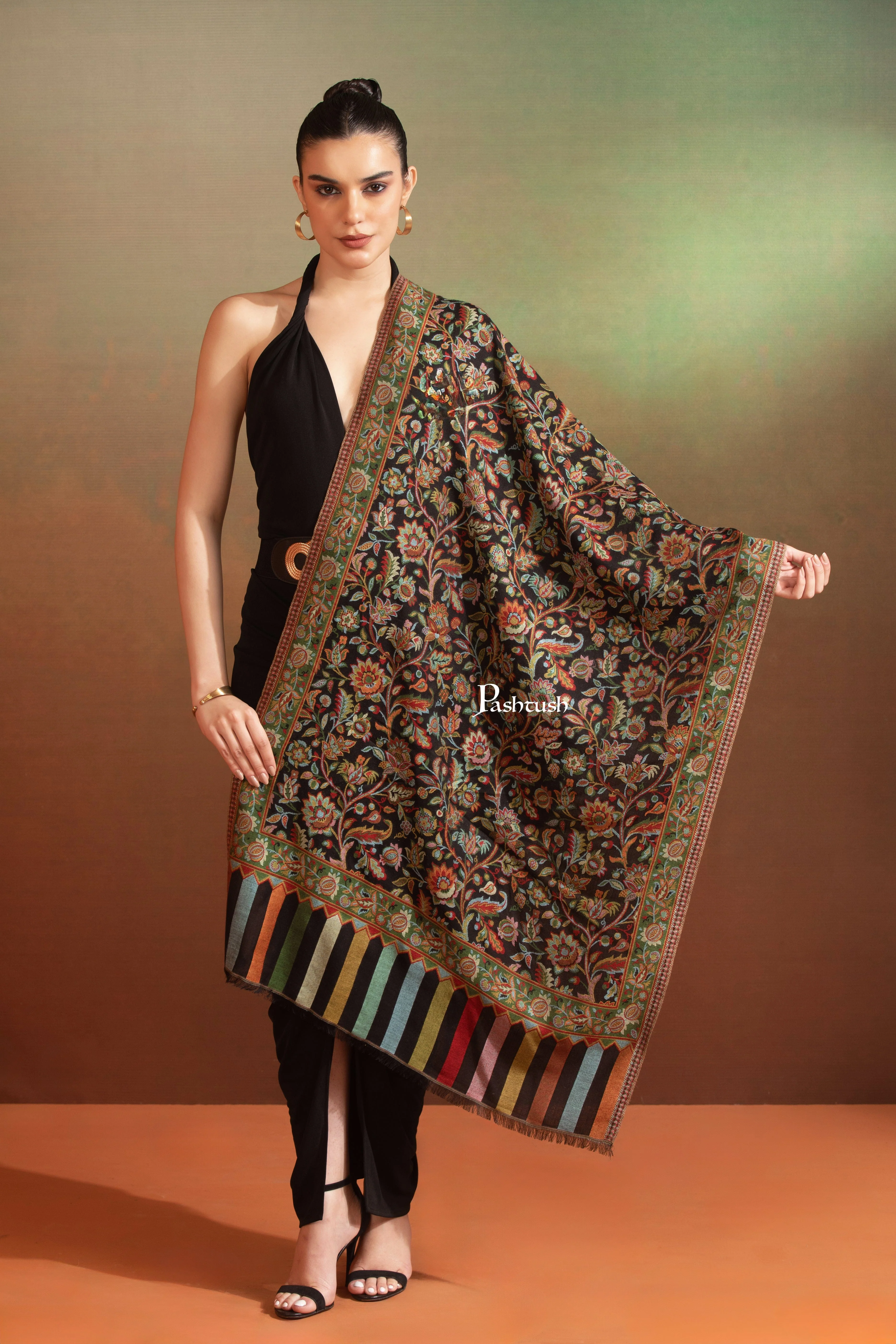 Pashtush Womens Bamboo Stole, Ethnic Weave, Floral Design, Black - Image 3