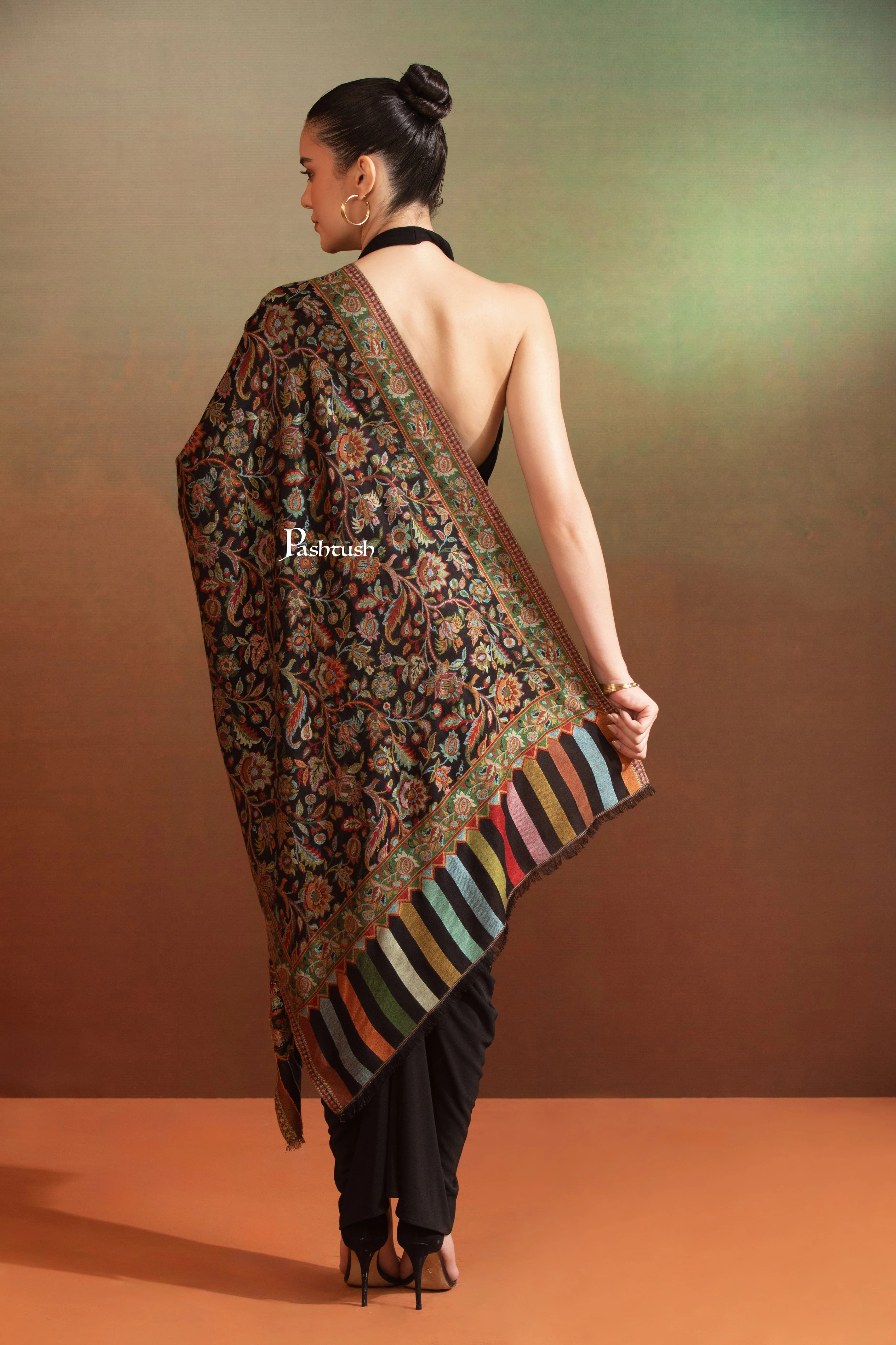 Pashtush Womens Bamboo Stole, Ethnic Weave, Floral Design, Black - Image 5