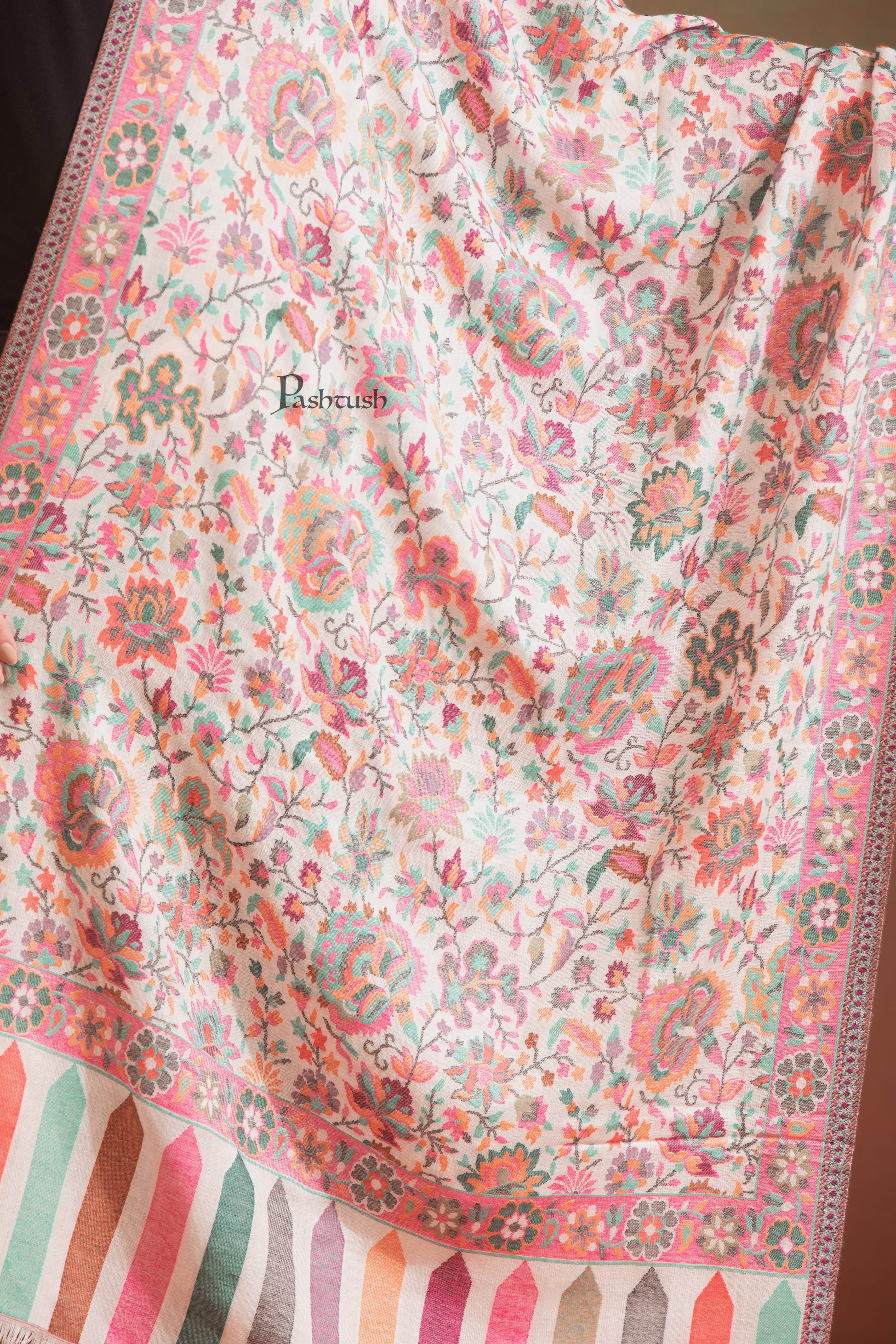Pashtush Womens Bamboo Stole, Floral Ethnic Weave Design, Ivory - Image 2