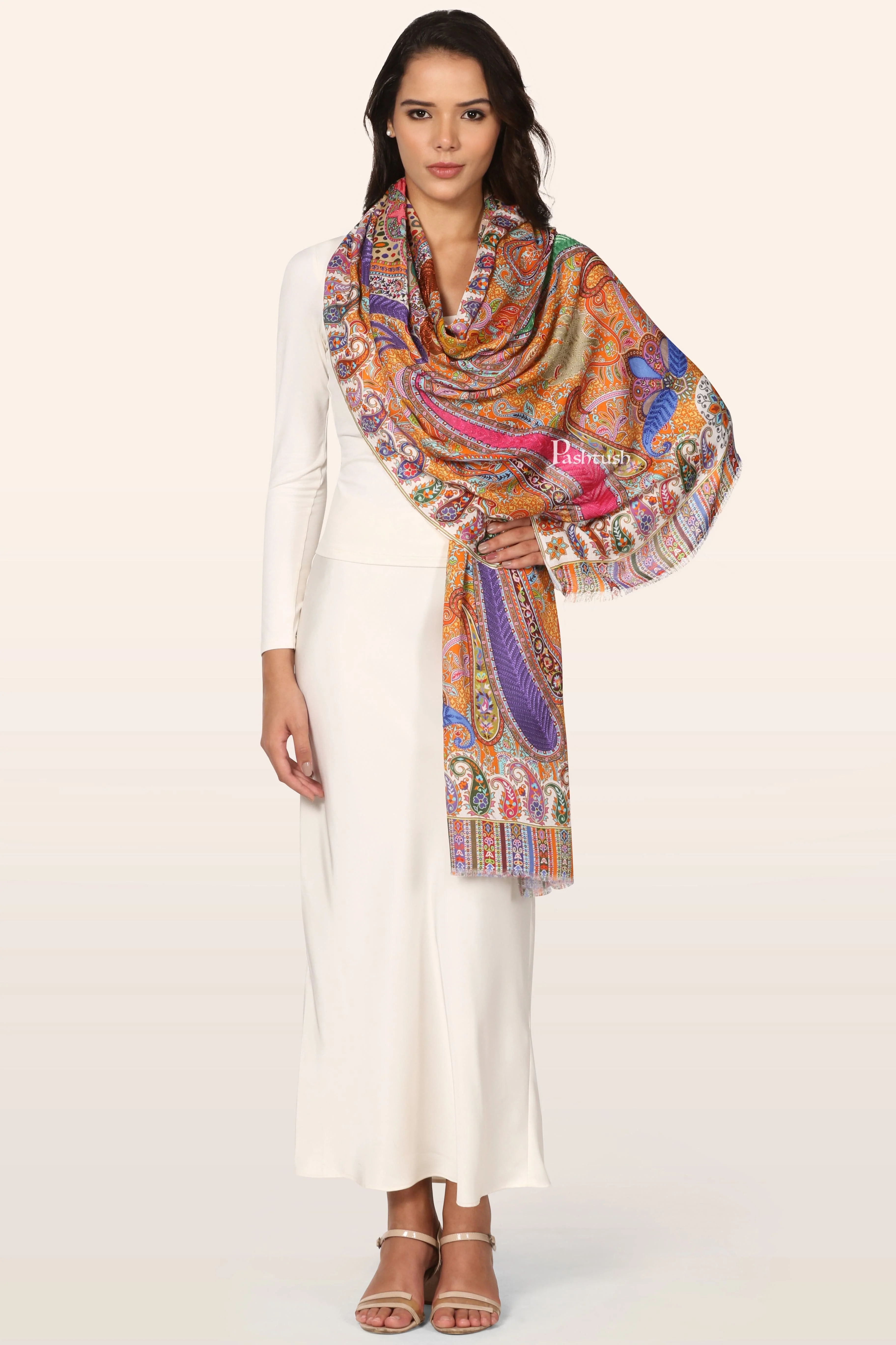 Pashtush Womens Stole, Soft bamboo, Print with Multicoloured Aari Embroidery - Image 5