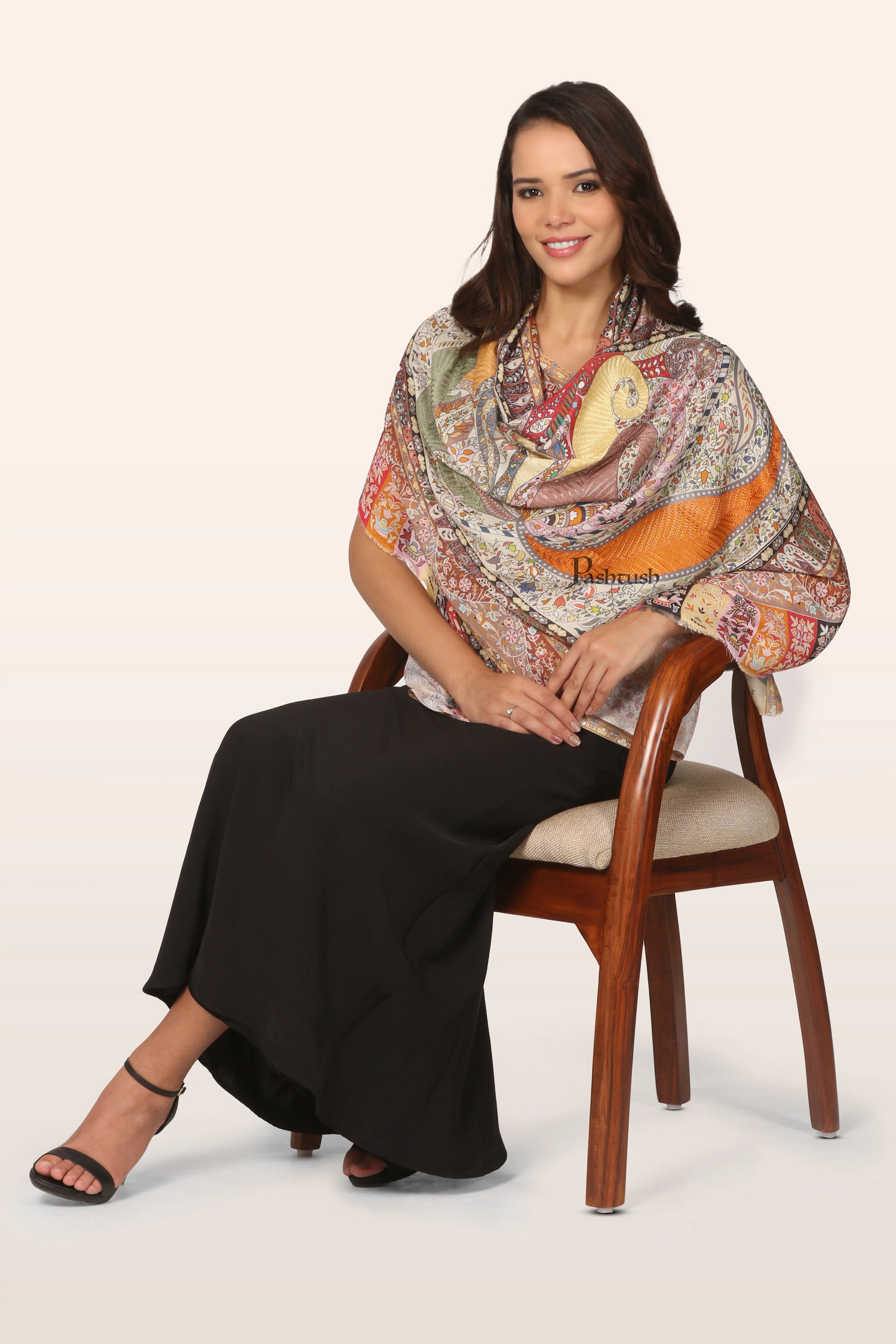 Pashtush Womens Bamboo Stole, Nalki Embroidery Pasiley Weave Design, Multicolour - Image 2