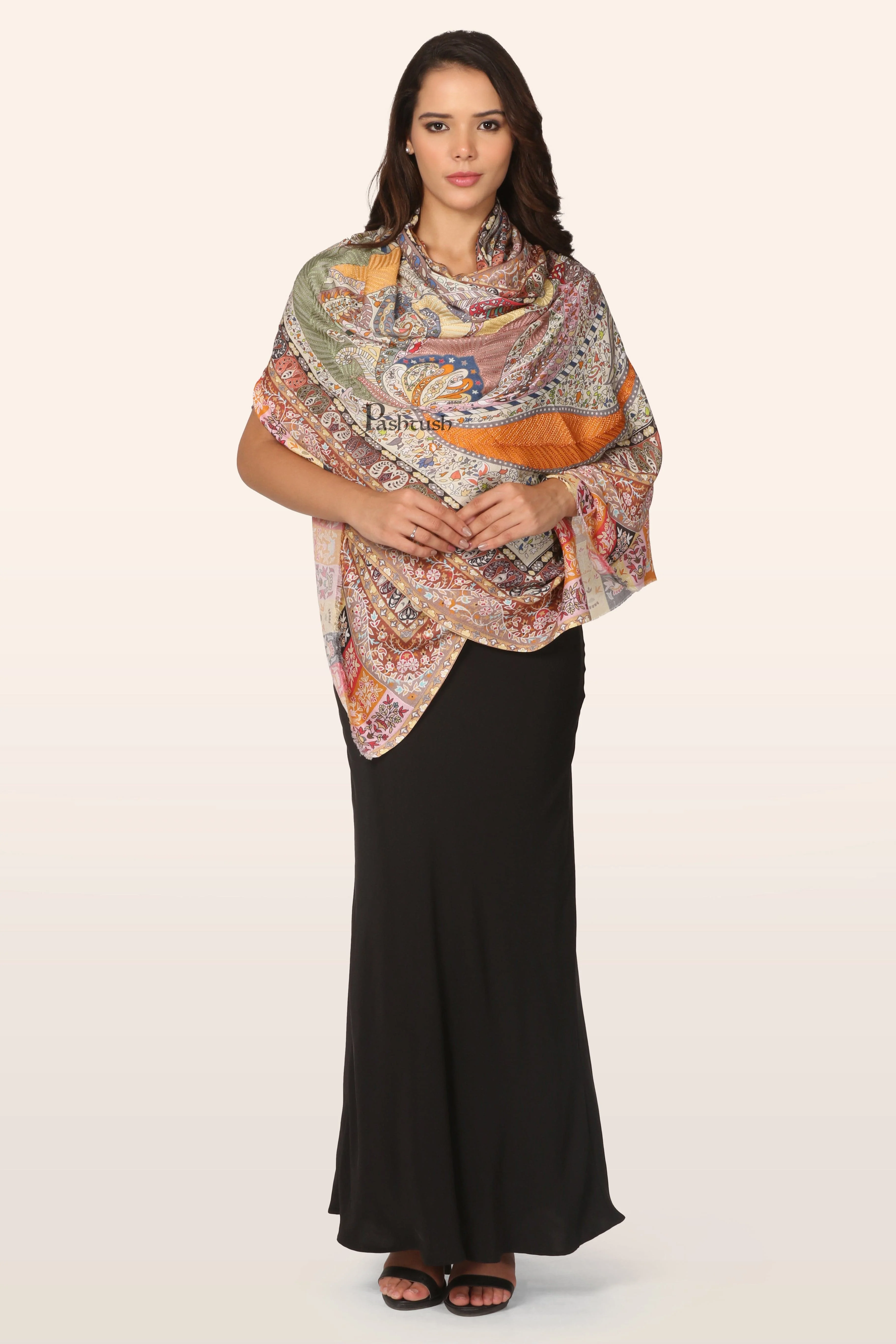 Pashtush Womens Bamboo Stole, Nalki Embroidery Pasiley Weave Design, Multicolour - Image 3