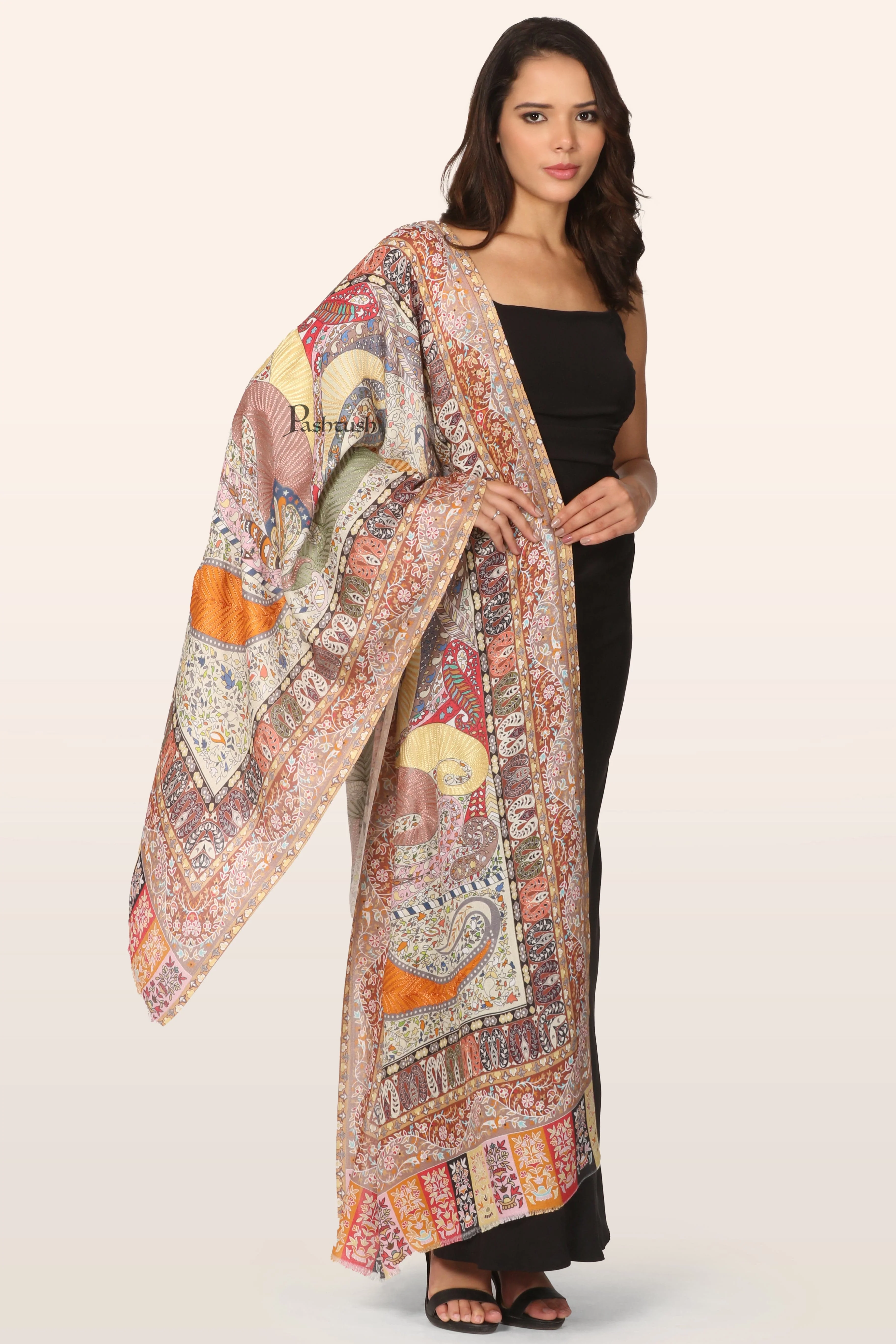 Pashtush Womens Bamboo Stole, Nalki Embroidery Pasiley Weave Design, Multicolour - Image 4