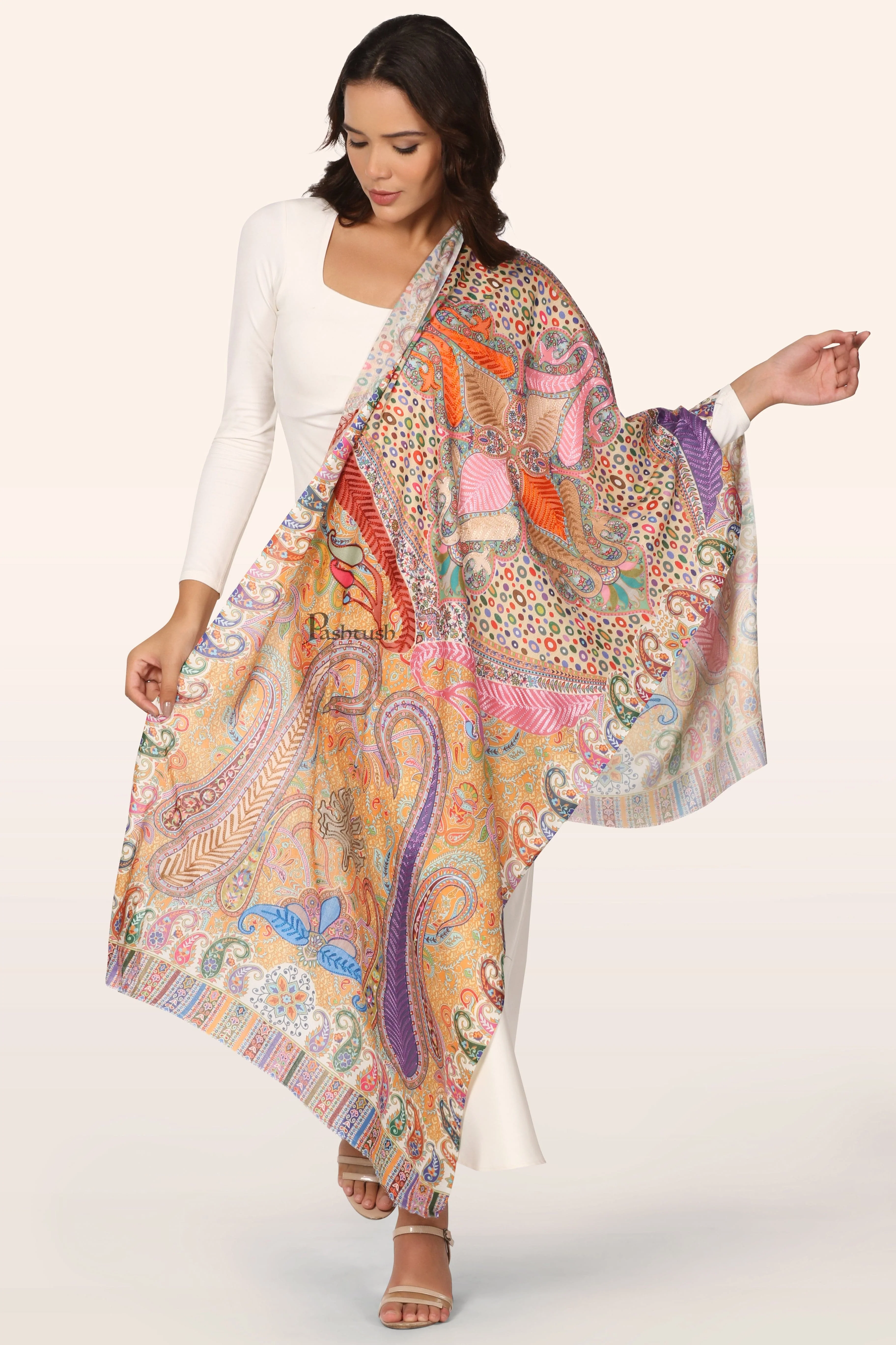 Pashtush Womens Bamboo Stole, Nalki Embroidery Pasiley Weave Design, Multicolour - Image 5
