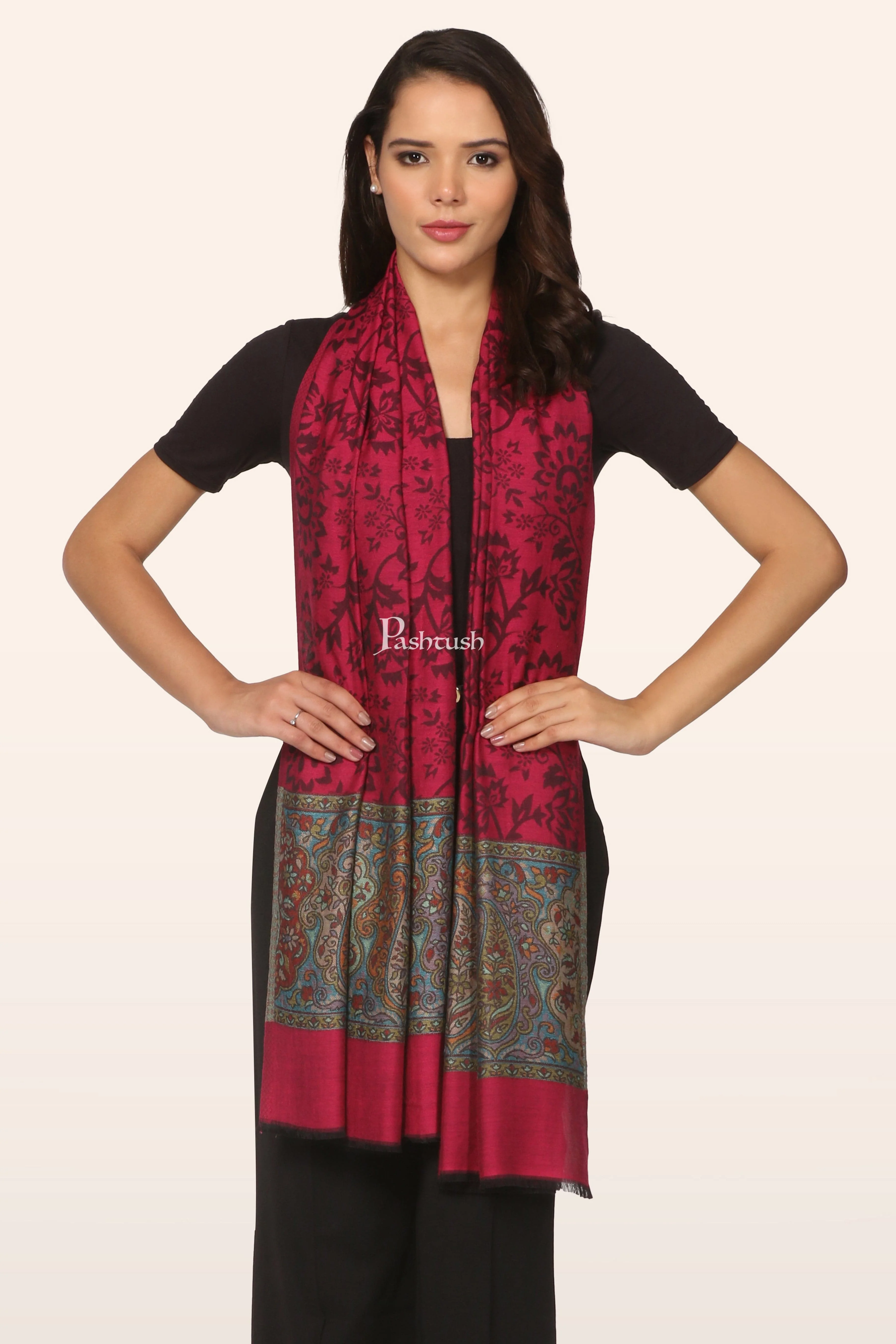 Pashtush Womens Bamboo Stole, Pailsey Palla Design, Majenta - Image 3