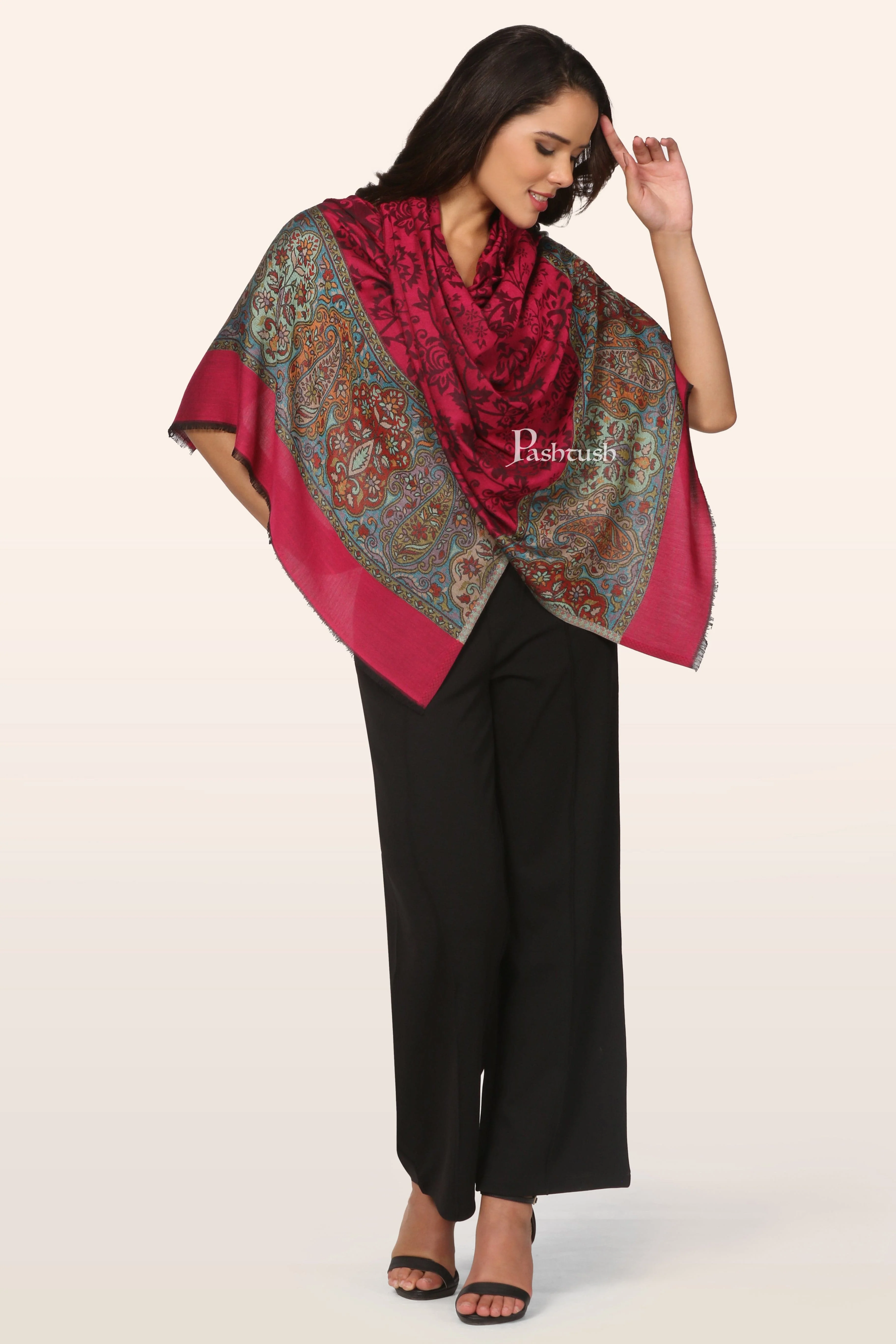 Pashtush Womens Bamboo Stole, Pailsey Palla Design, Majenta - Image 4
