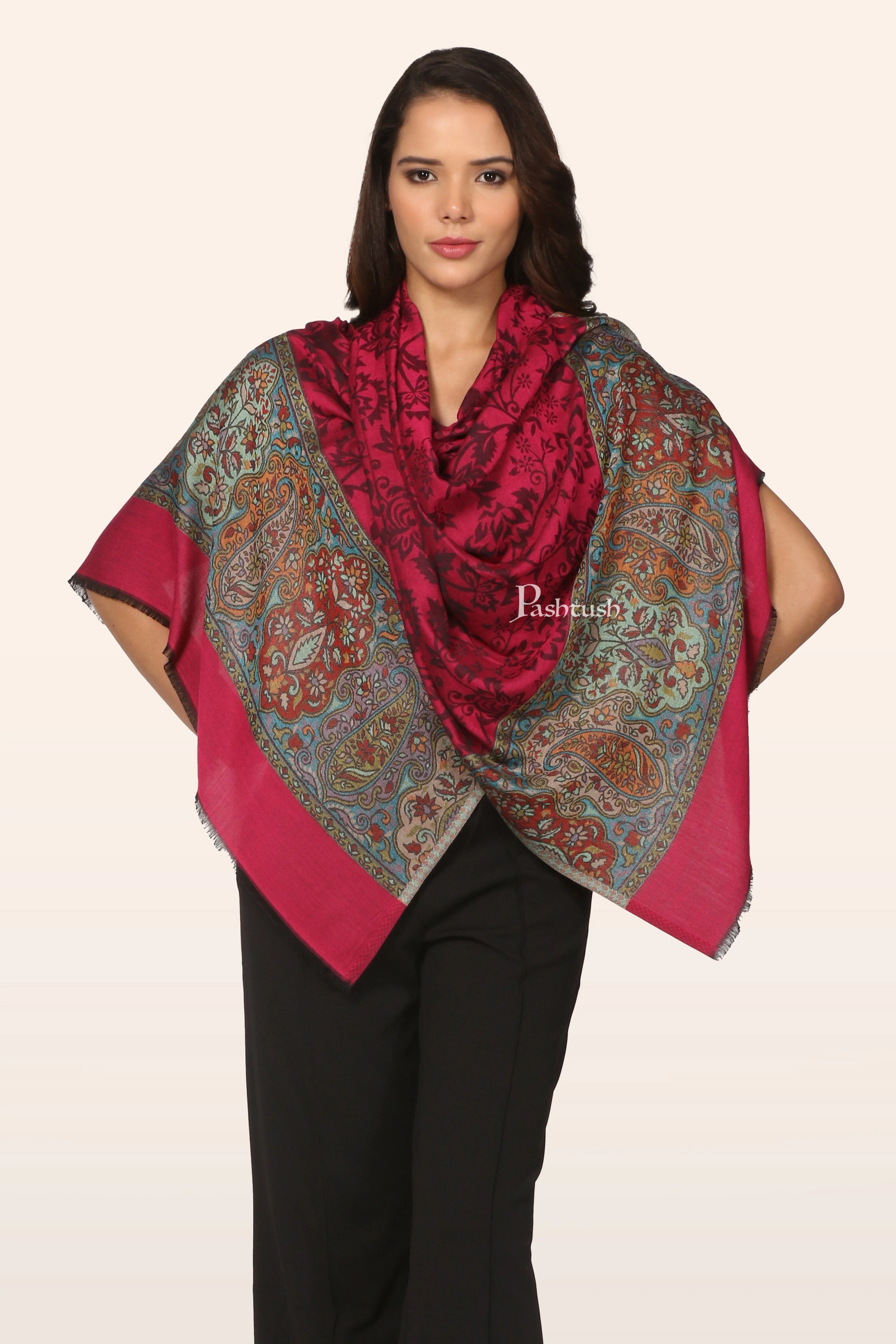 Pashtush Womens Bamboo Stole, Pailsey Palla Design, Majenta - Image 6