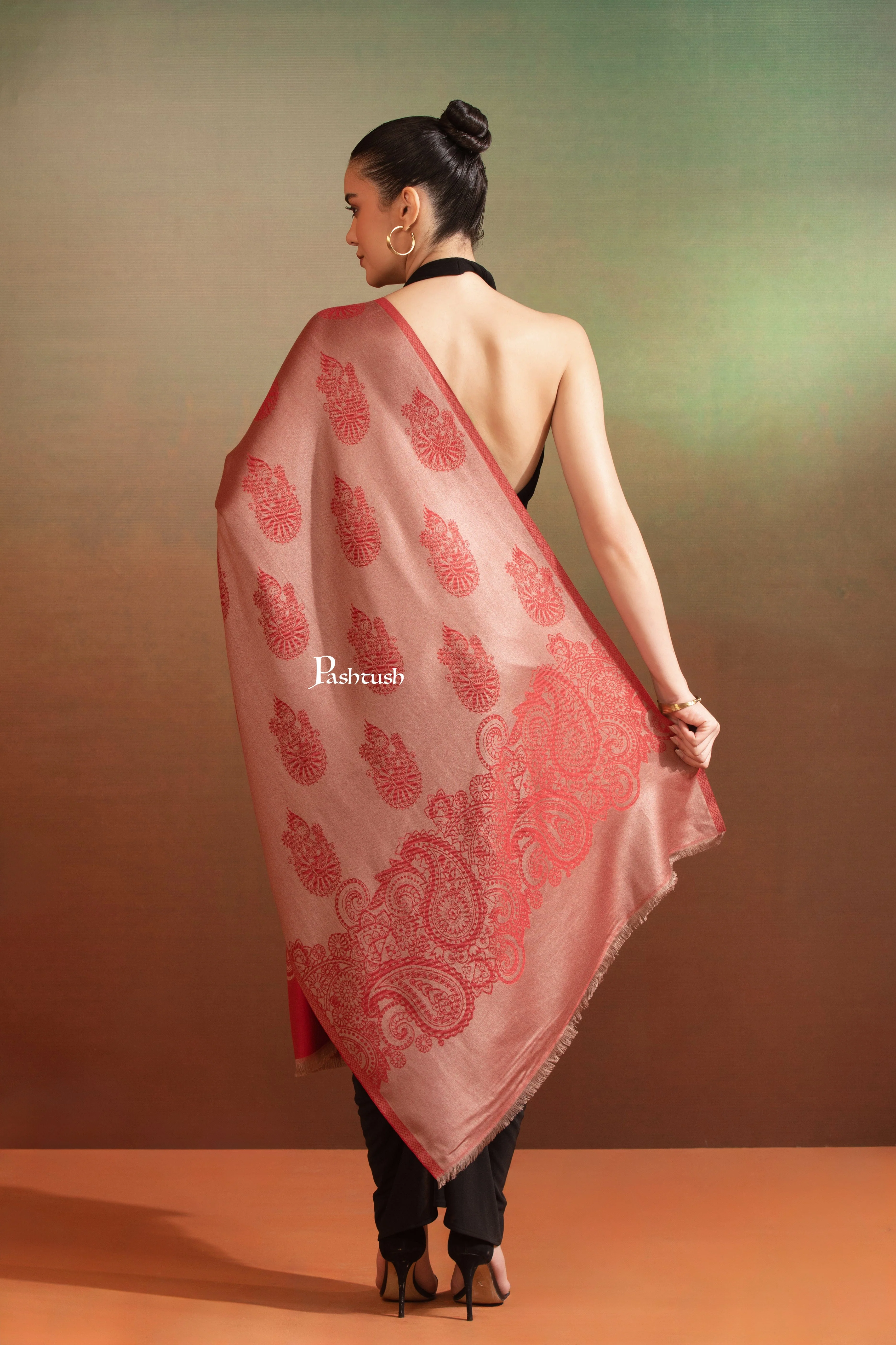 Pashtush Womens Bamboo Stole, Paisely Weave Design, Maroon - Image 5