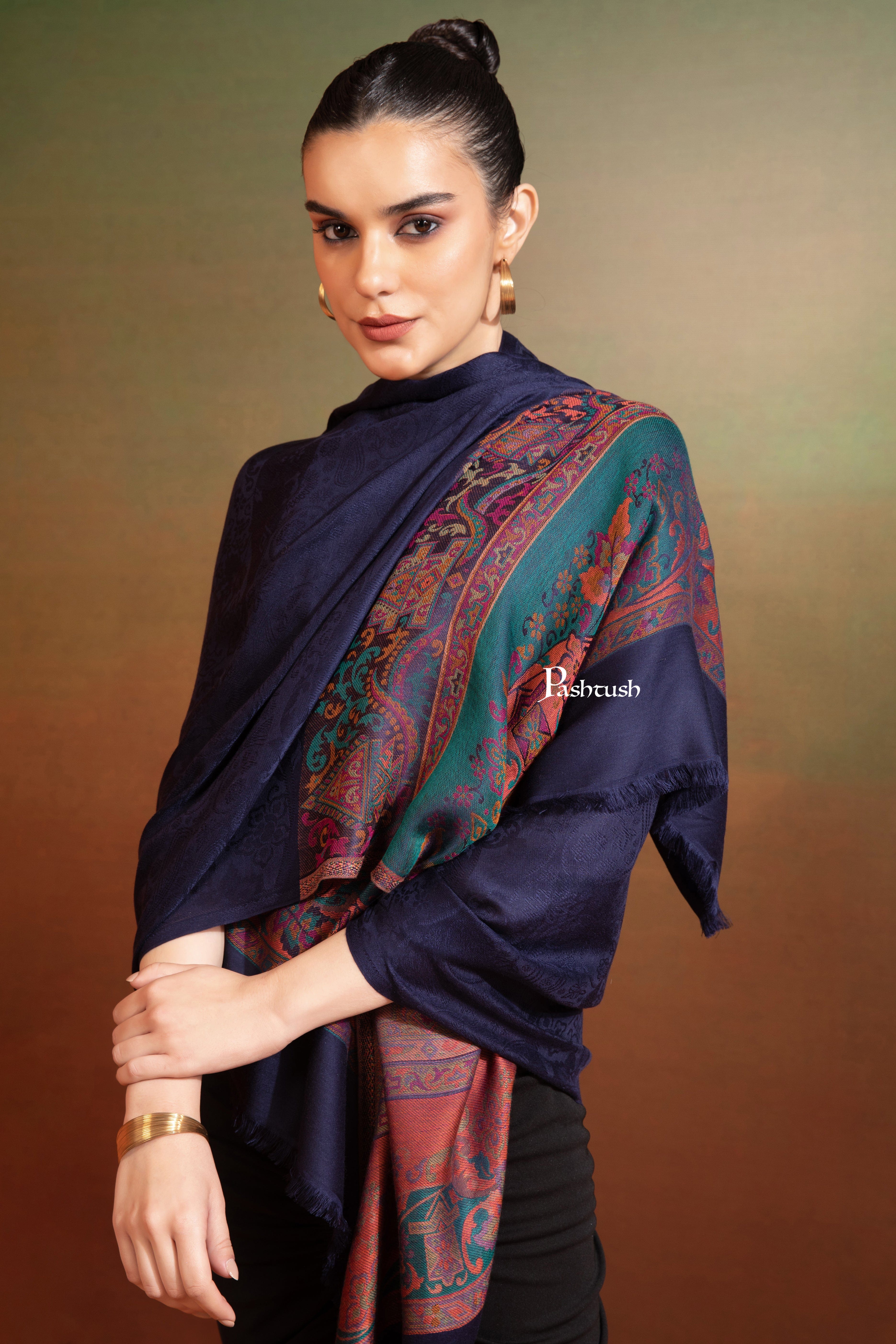 Pashtush Womens Bamboo Stole, Paisely Weave Design, Navy Blue