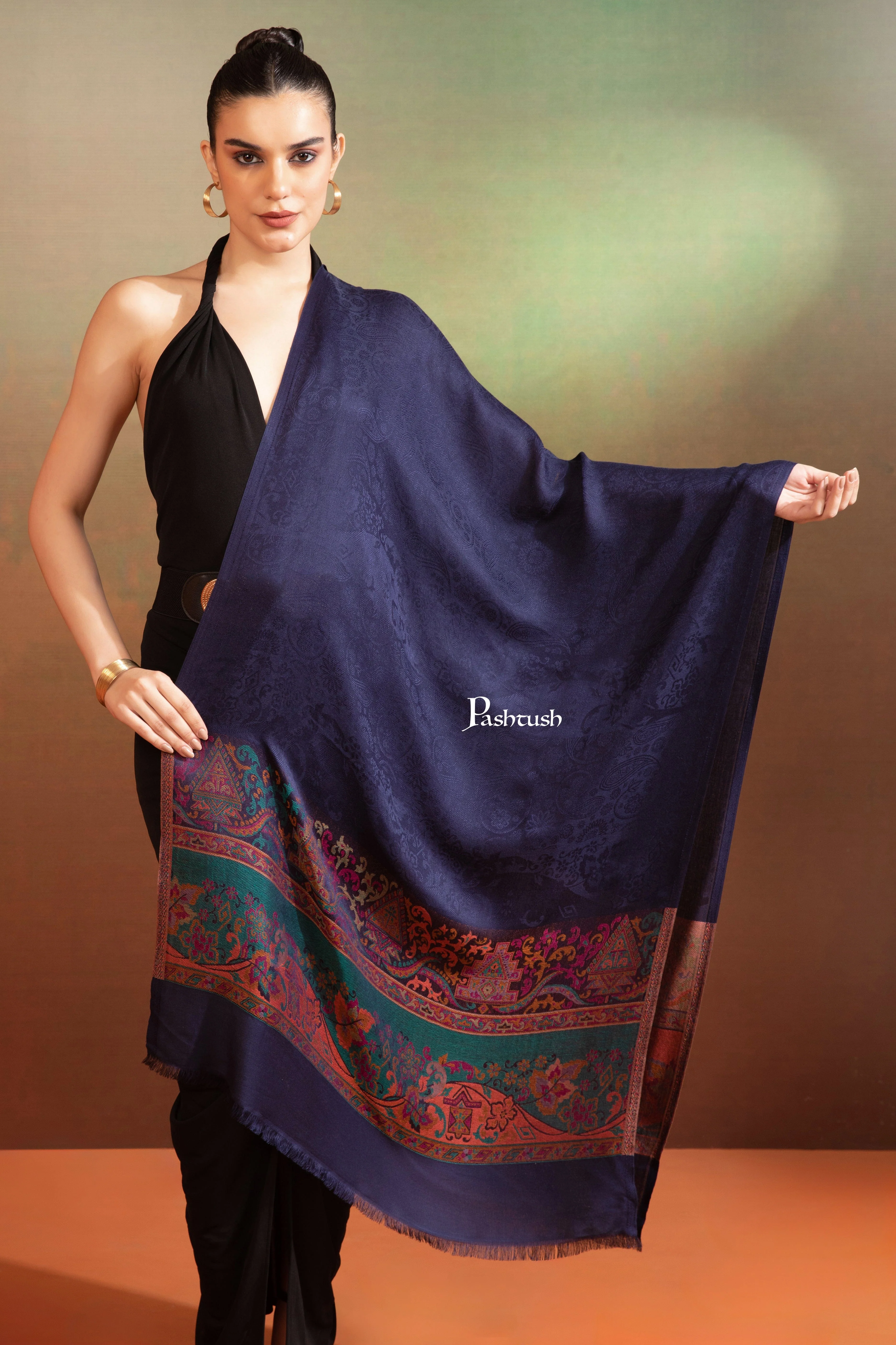 Pashtush Womens Bamboo Stole, Paisely Weave Design, Navy Blue - Image 3
