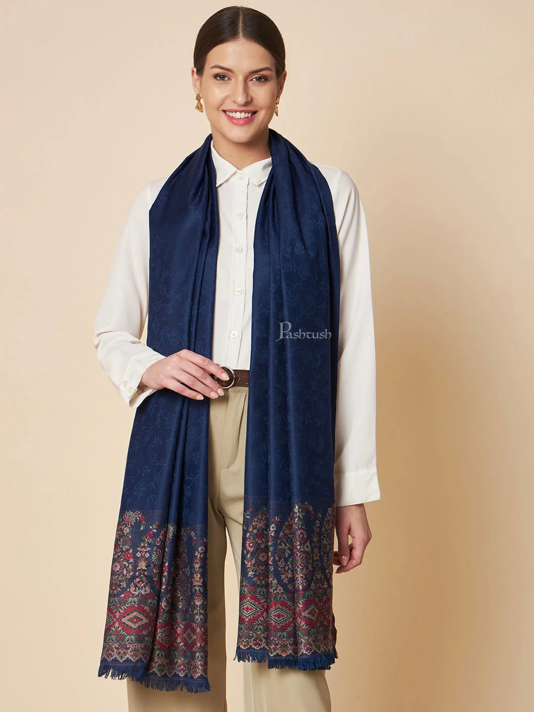 Pashtush Womens Faux Pashmina Stole, Paisley Palla Design, Deep Blue - Image 2