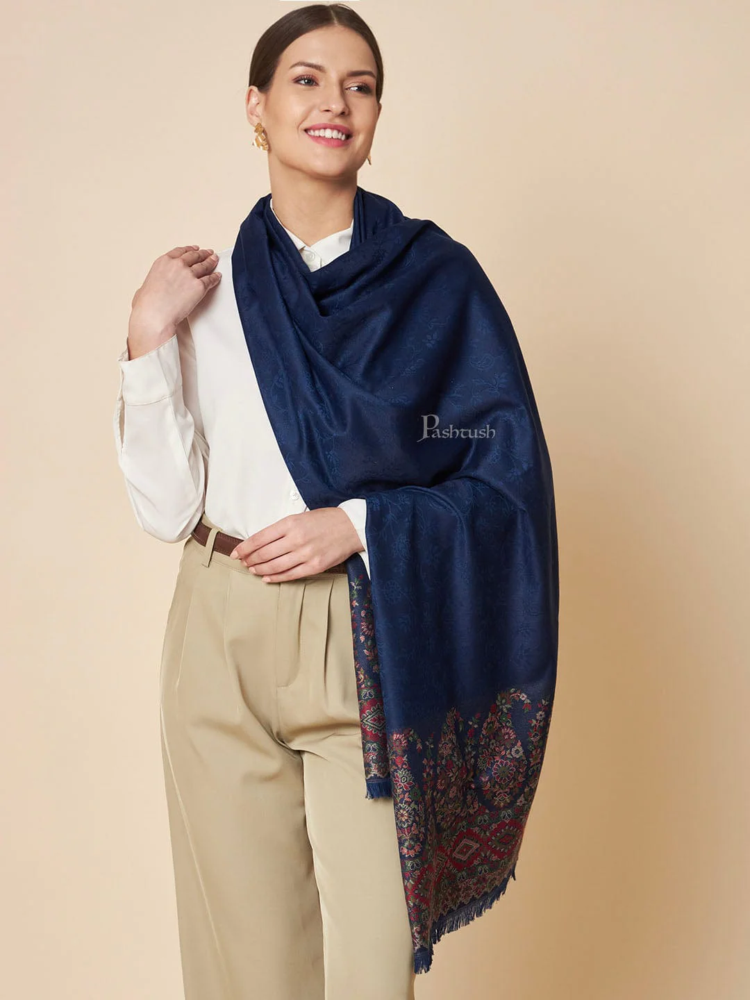 Pashtush Womens Faux Pashmina Stole, Paisley Palla Design, Deep Blue - Image 3