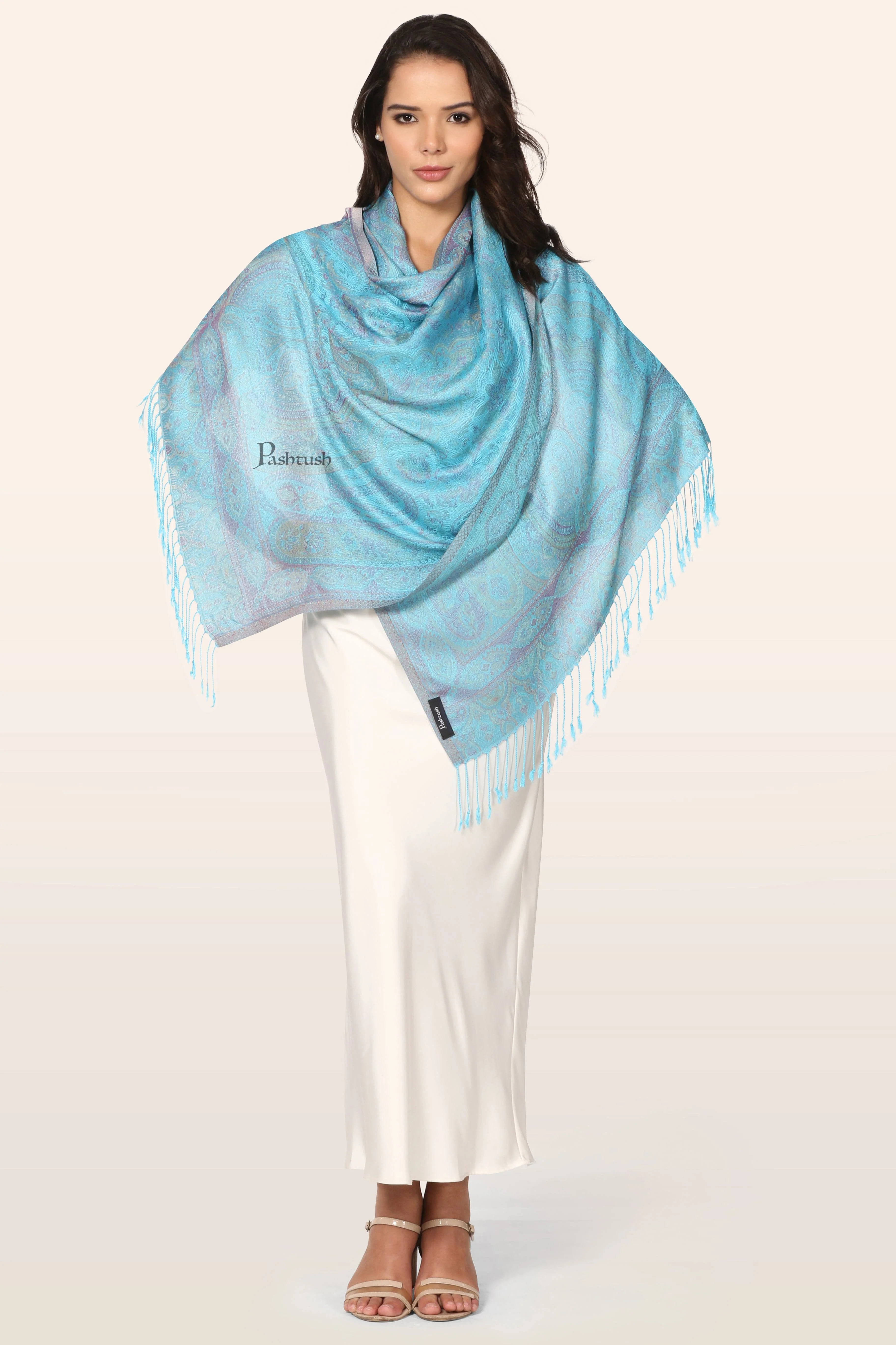 Pashtush Womens Bamboo Stole, Paisley Weave Design, Arabic Sea Blue - Image 3